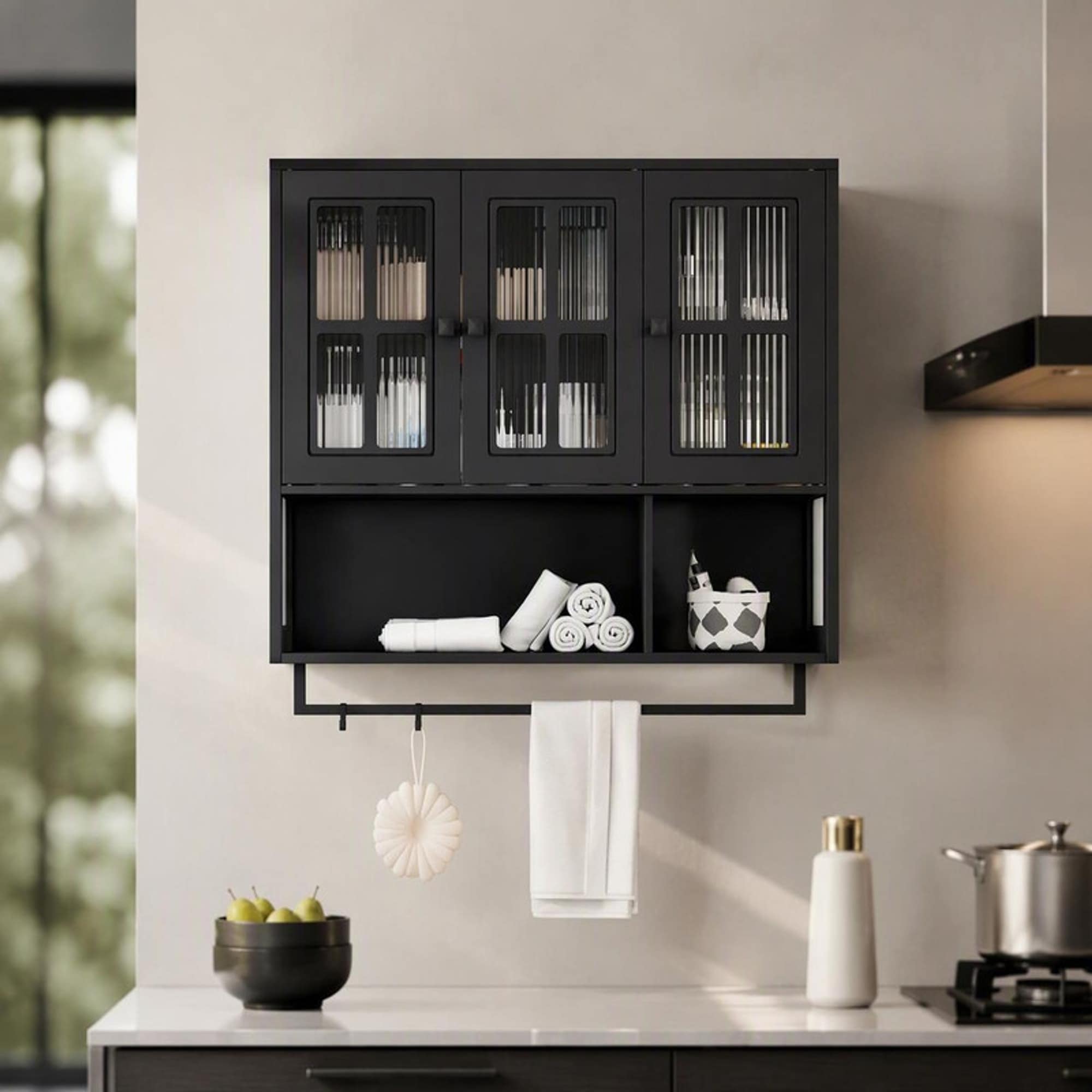 TEINIE Black 3-Door Wall Cabinet with Glass Doors and Towel Bar Wall-Mounted Storage for Bathroom and Living Room