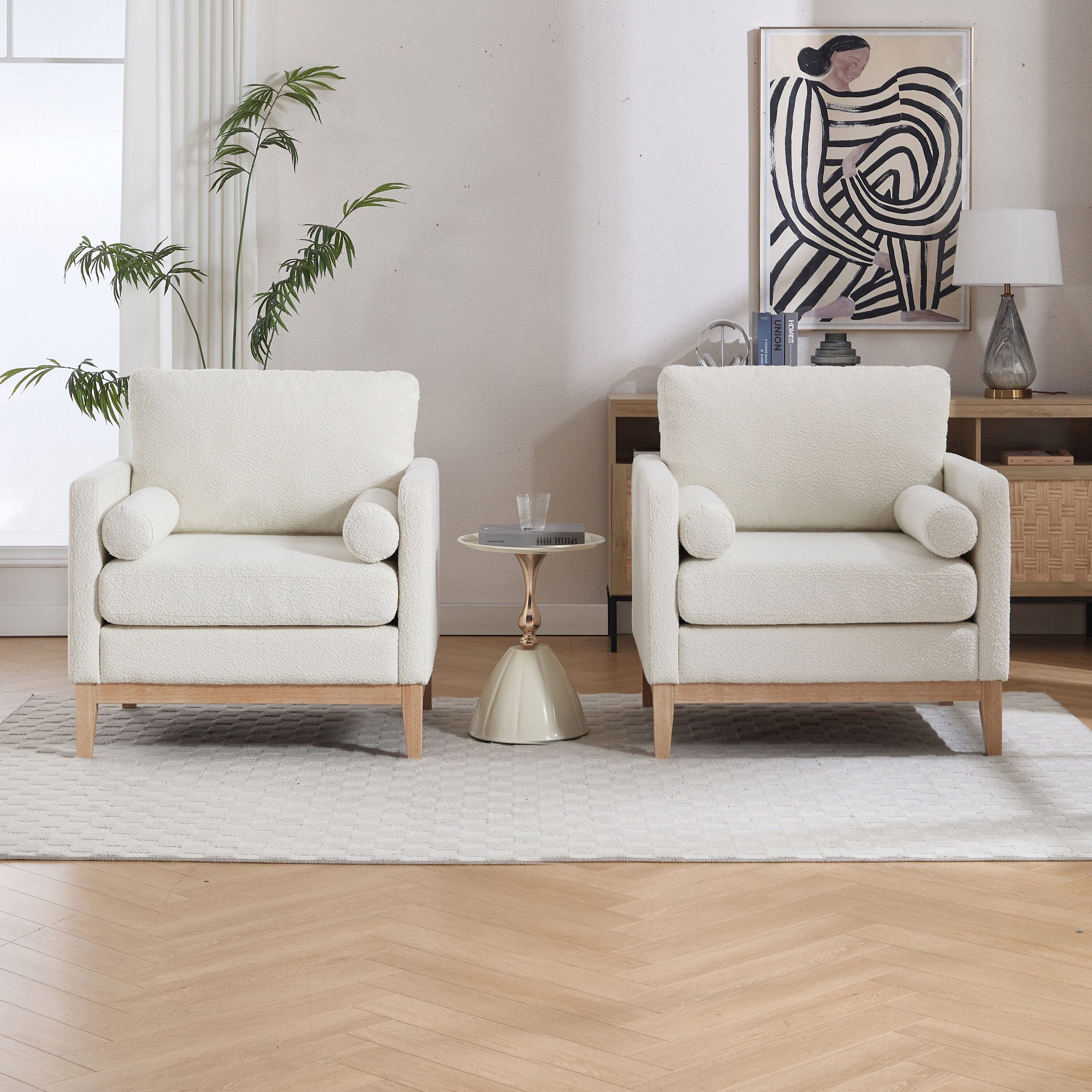 Hrinhom 35.4-in W Modern Ivory/Natural Legs Boucle Accent Armchair