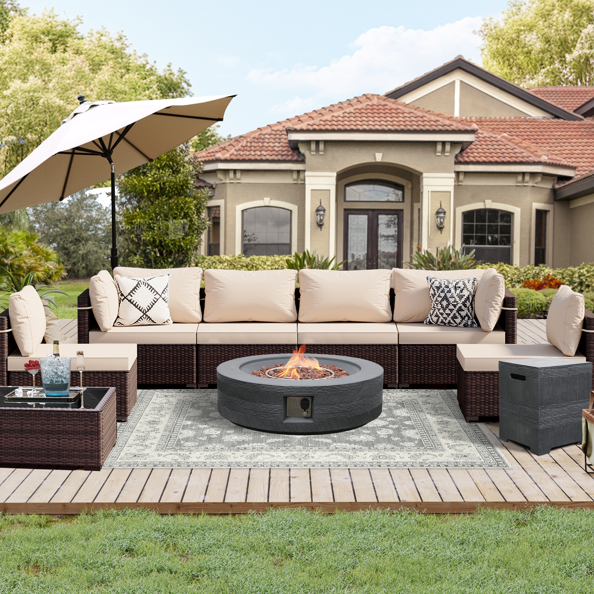 UPHA PL-2CZ-42XDK-Z1-T 8-Pieces Brown Wicker Patio Furniture Set With 42 in. Gray Gas Propane Concrete Fire Pit Table, Conversation Set with Beige Cushions 8 -Piece Wicker 4 Patio Sofa Conversation Set with Beige Cushions