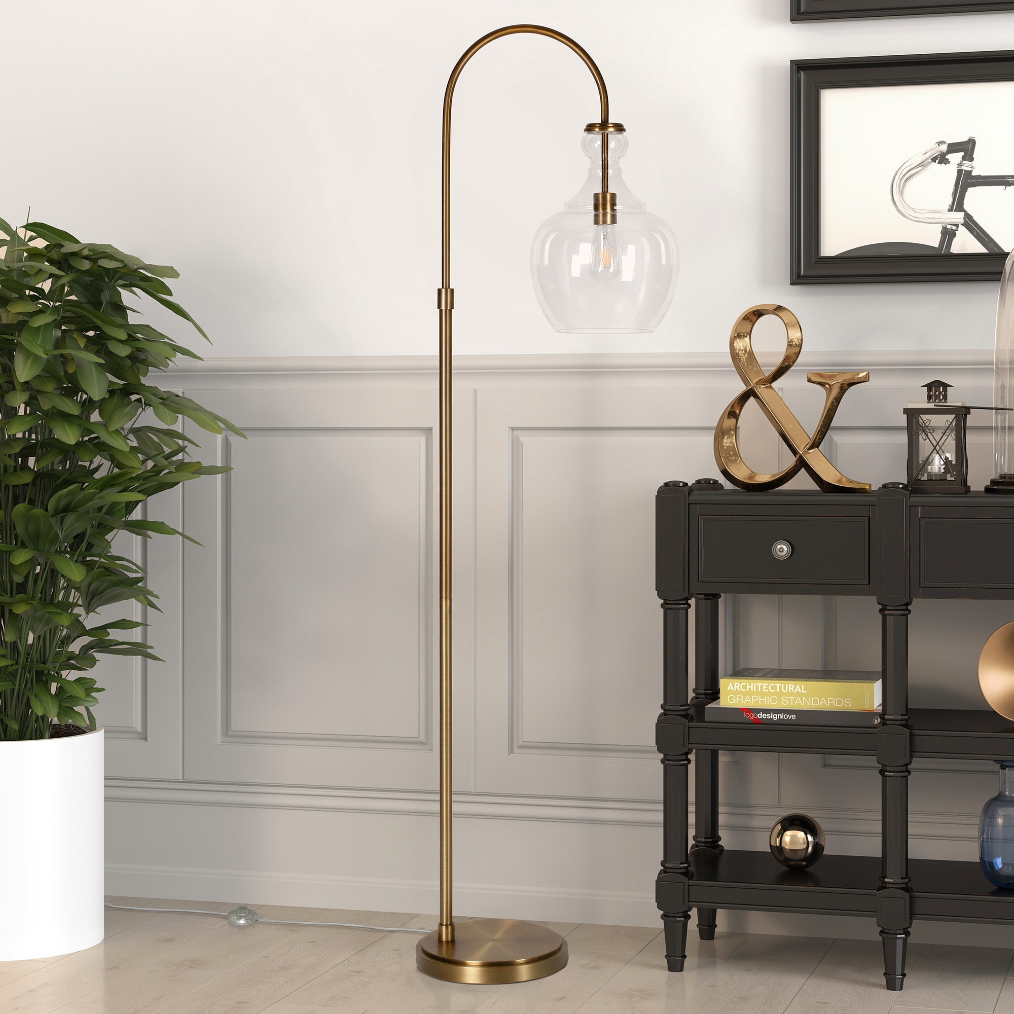 Hailey Home FL0267 Verona 70-in Brass Standard Floor Lamp with Glass Shade