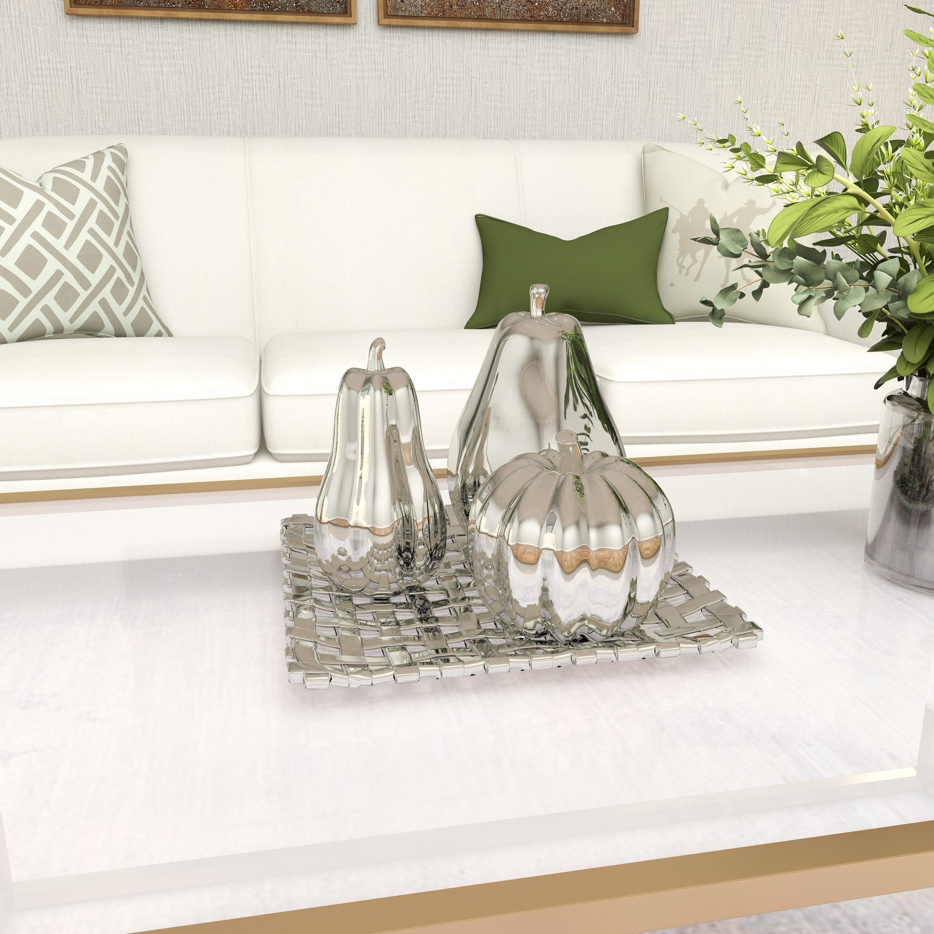 Silver Ceramic Fall Fruit Sculpture Set with Decorative Grid Plate