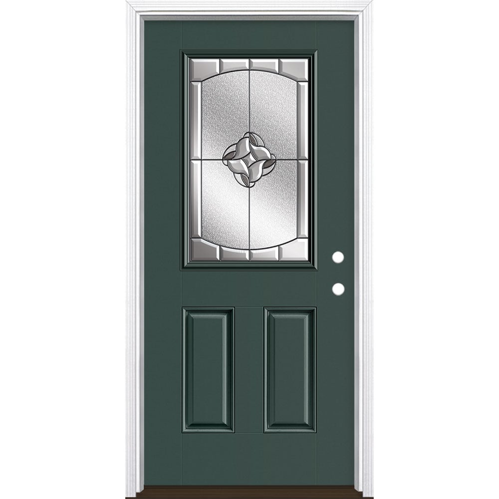 Masonite 3423159 Rozet 36-in x 80-in x 4-9/16-in Fiberglass Half lite Left-hand inswing Evergreen Painted Prehung Front Door with Brickmould Insulating core