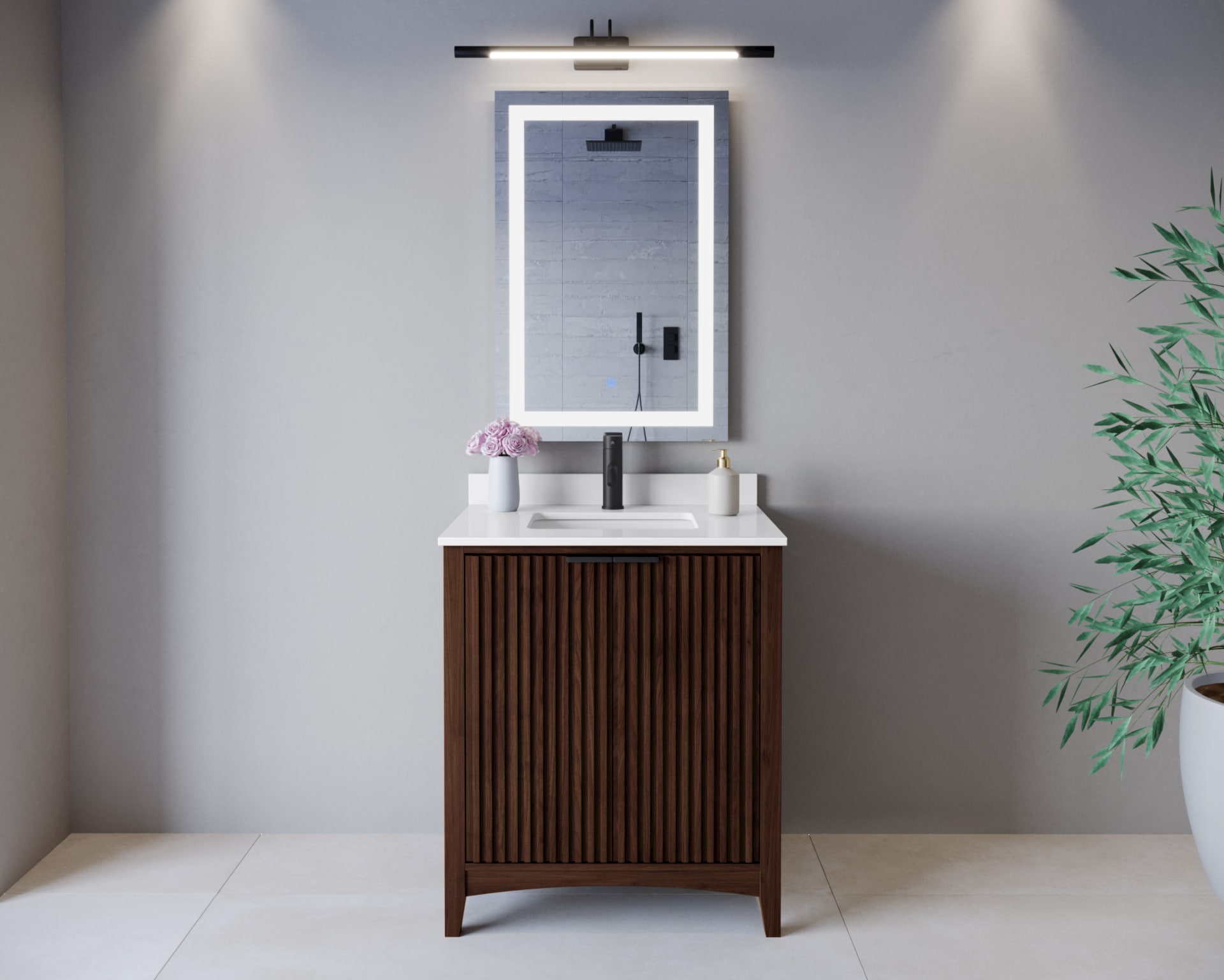 Wyndham Collection WCF919130SDBWQUNSMXX Palmilla 30-in Dark Walnut with Matte Black Trim Undermount Single Sink Bathroom Vanity with White Quartz Quartz Top