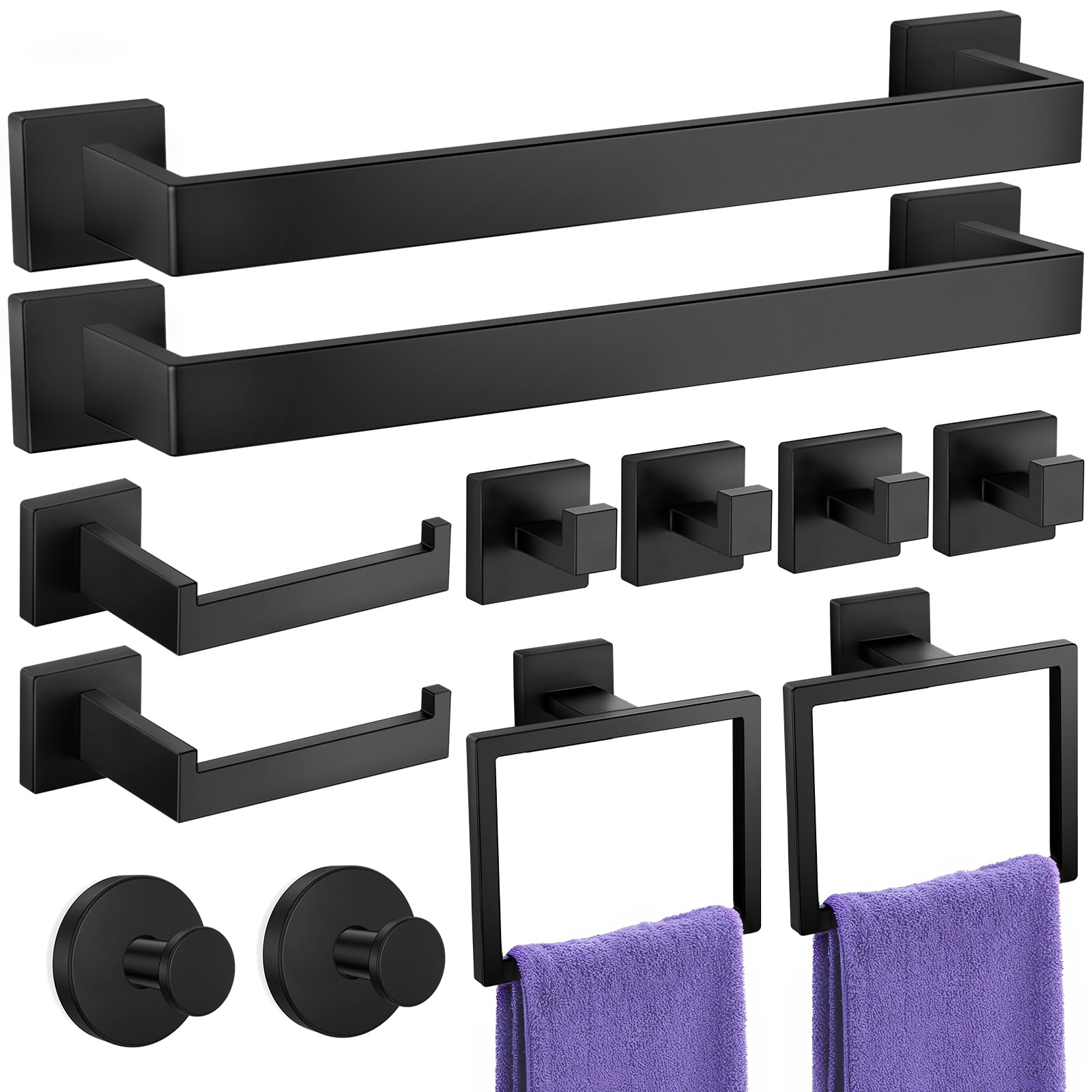 TNSO - Matte Black 12 Pieces Stainless Steel Bathroom Hardware Set Wall Mounted Towel Bar Kit Wit...