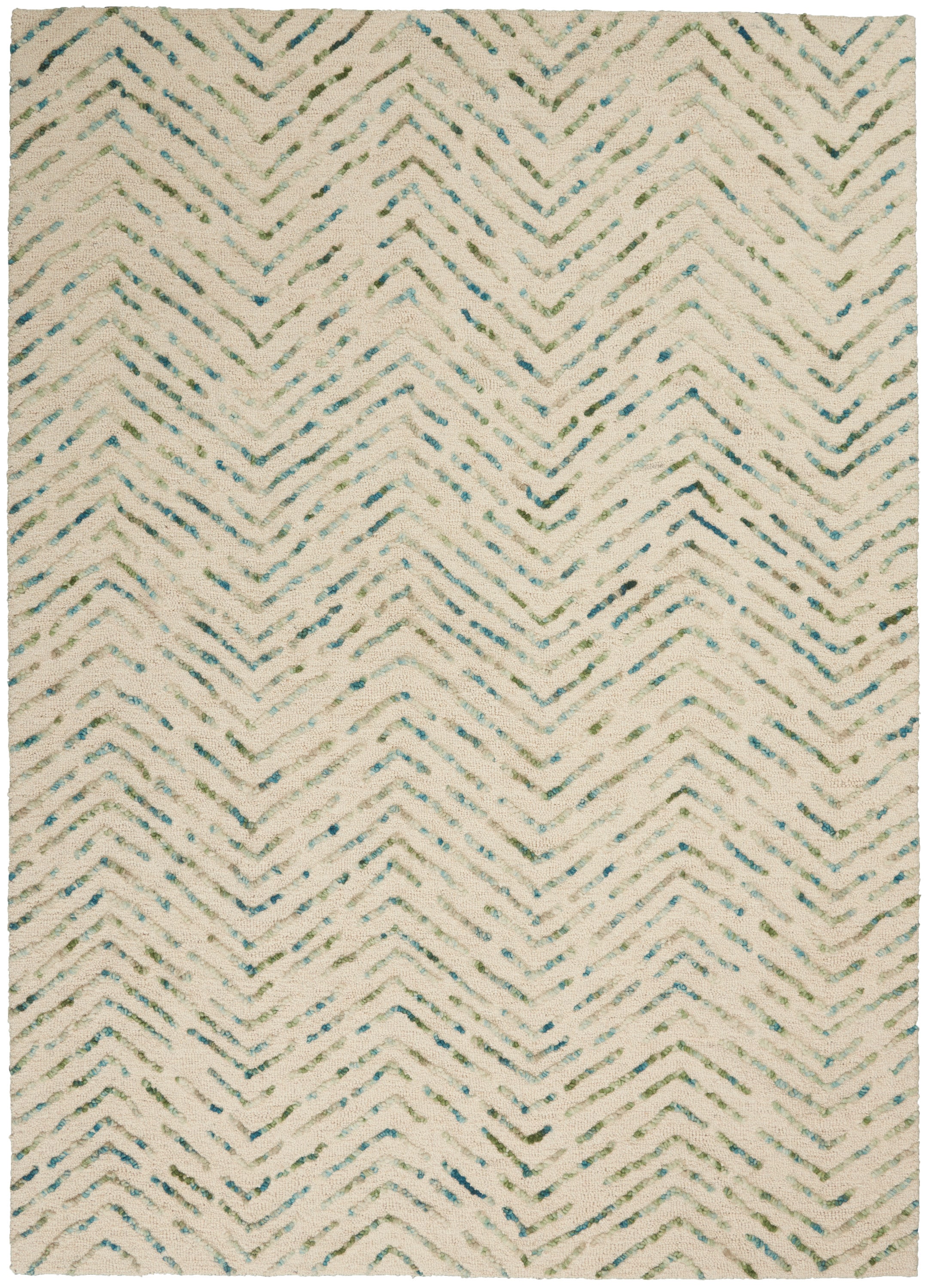 Artisanal Chevron Ivory & Green Hand-Tufted Wool Rug 5' x 7'