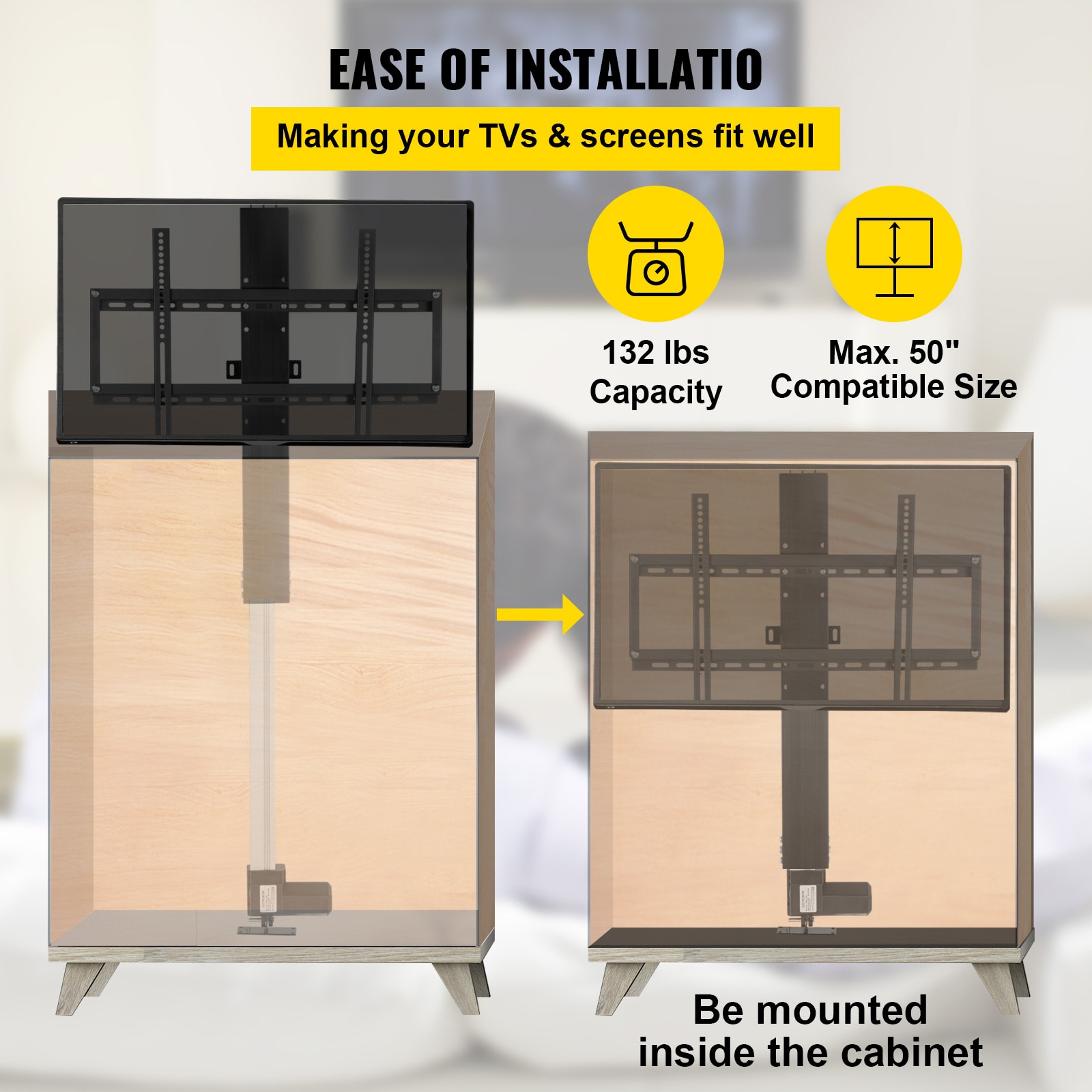 VEVOR VEVOR Elevador de TV motorizado Longitud de carrera 28 pulgadas  Soporte de TV motorizado apto para elevador de TV de 50 pulgadas máximo con  control remoto Altura ajustable 38-65 pulgadas, capacidad