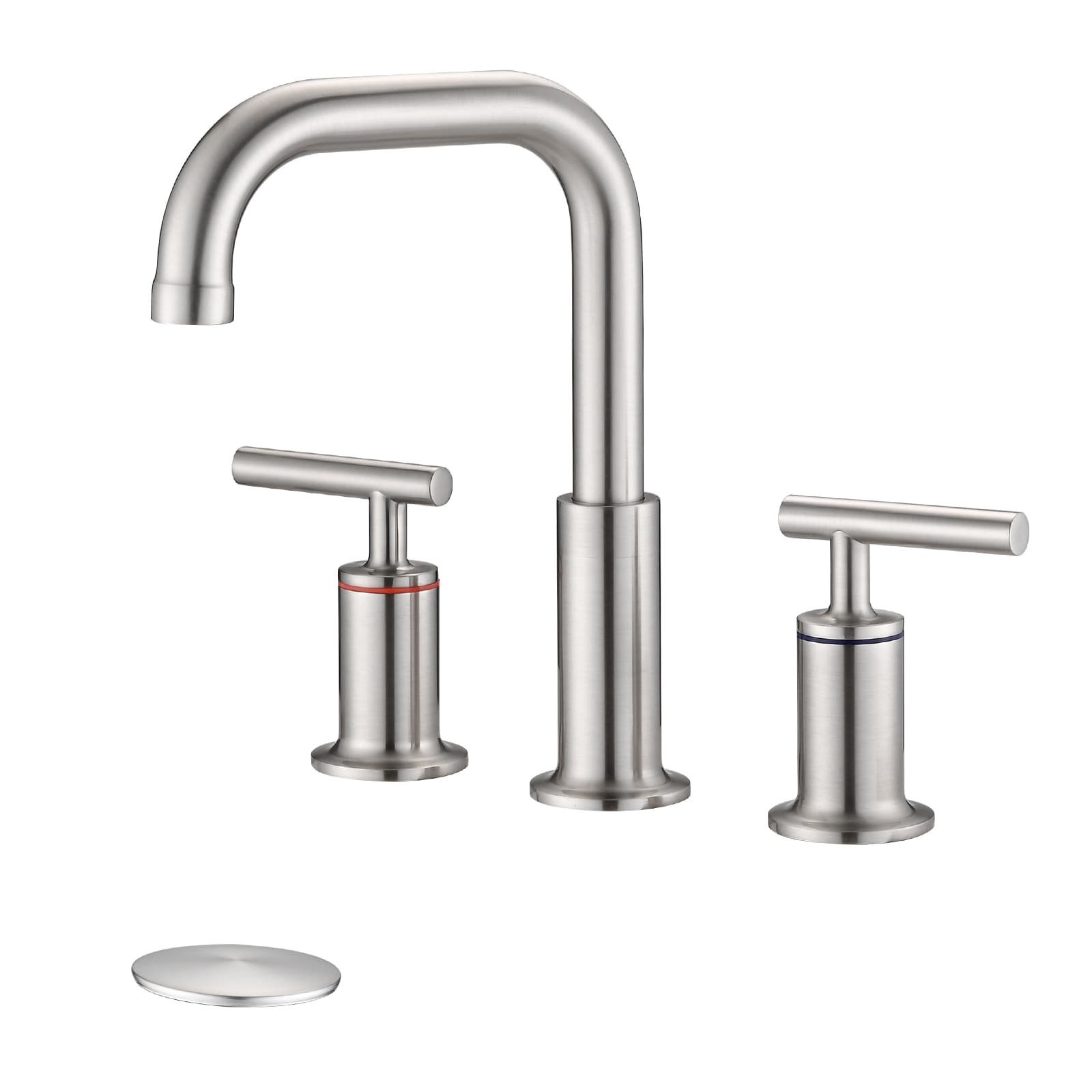 UCLIMAA Brushed Nickel Two Handle Widespread Bathroom Sink Faucet with High Arc Swivel Spout and Brass Body