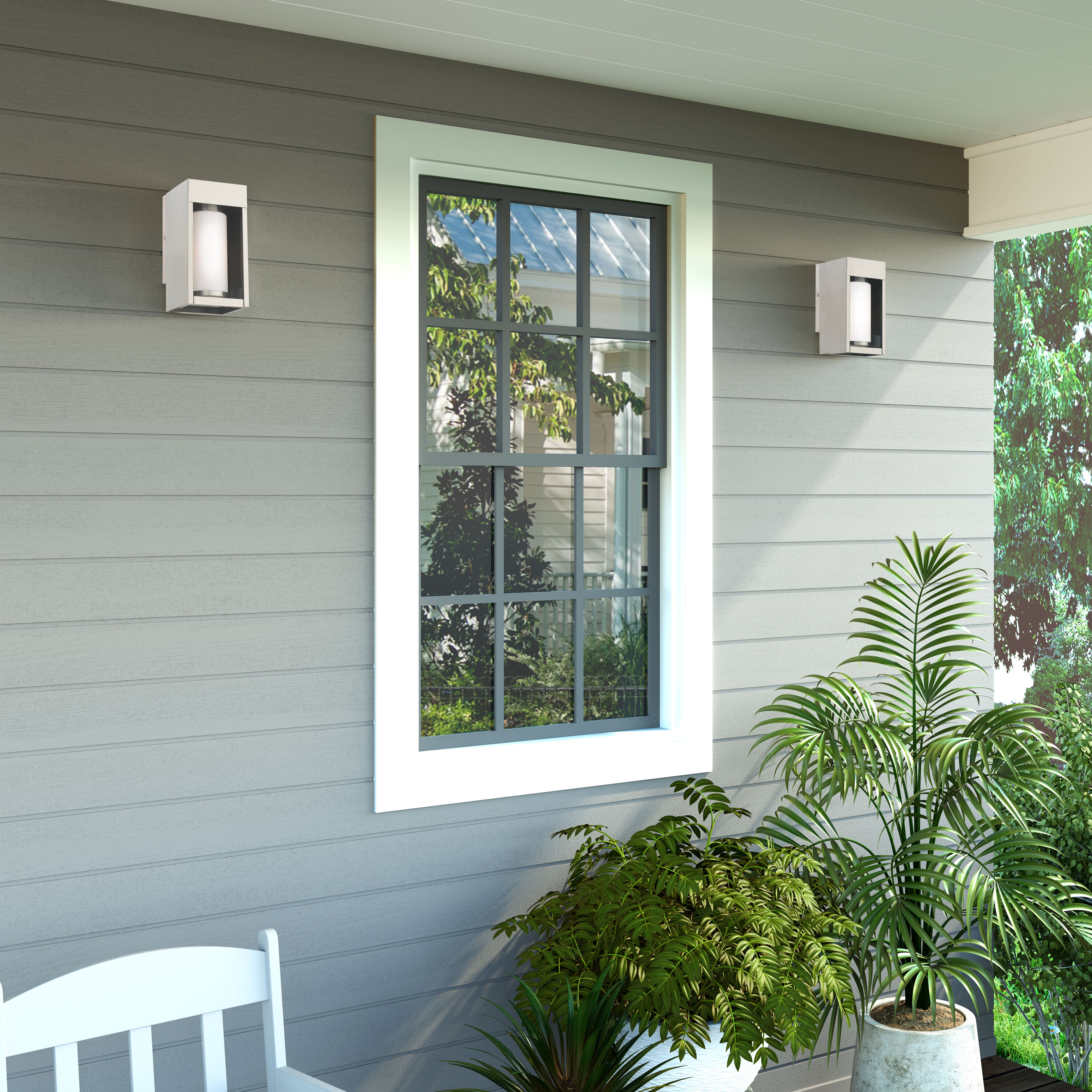 Contemporary Brushed Nickel Outdoor Wall Lantern with Satin Opal White Glass