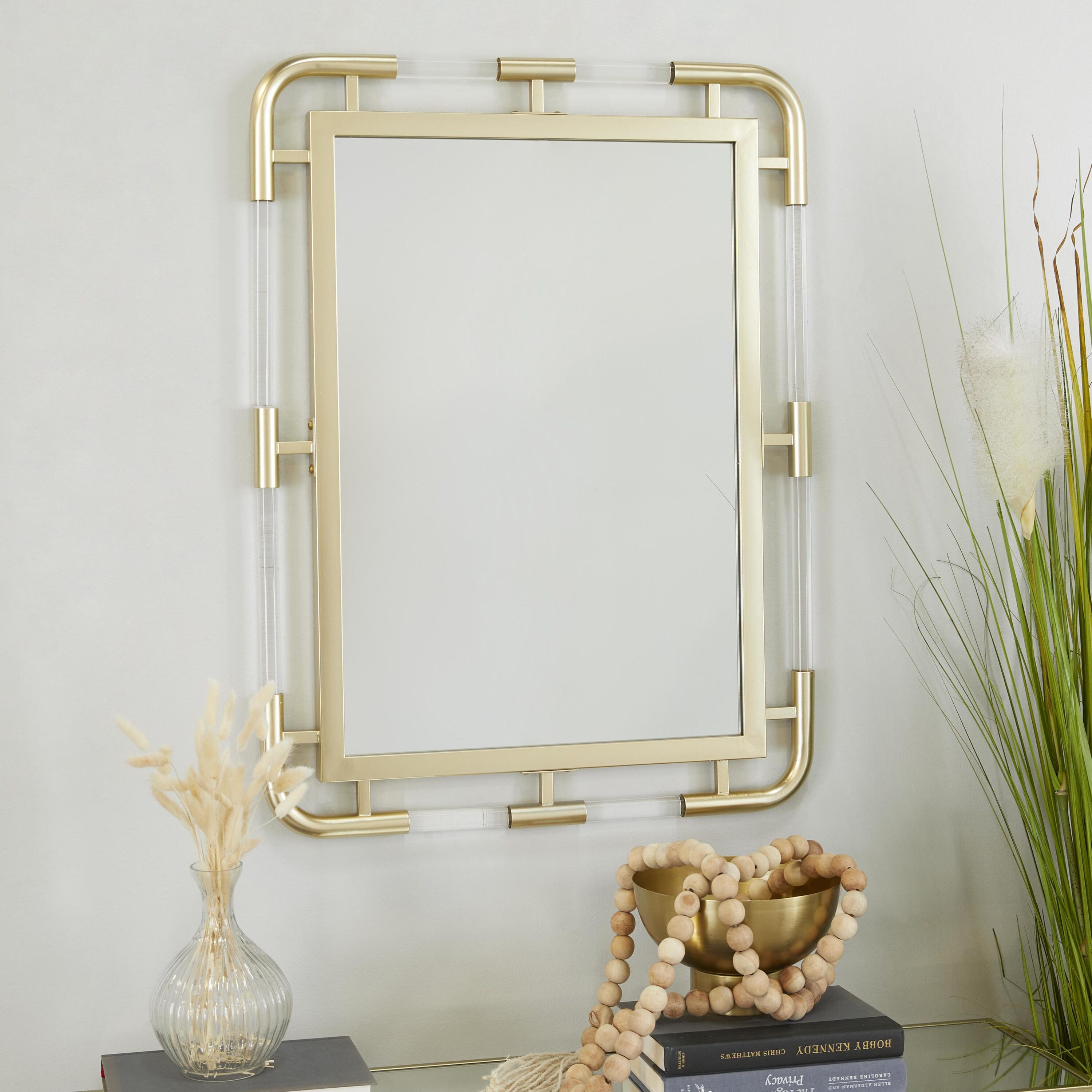 Modern Gold Rectangular Wall Mount Mirror with Acrylic Details