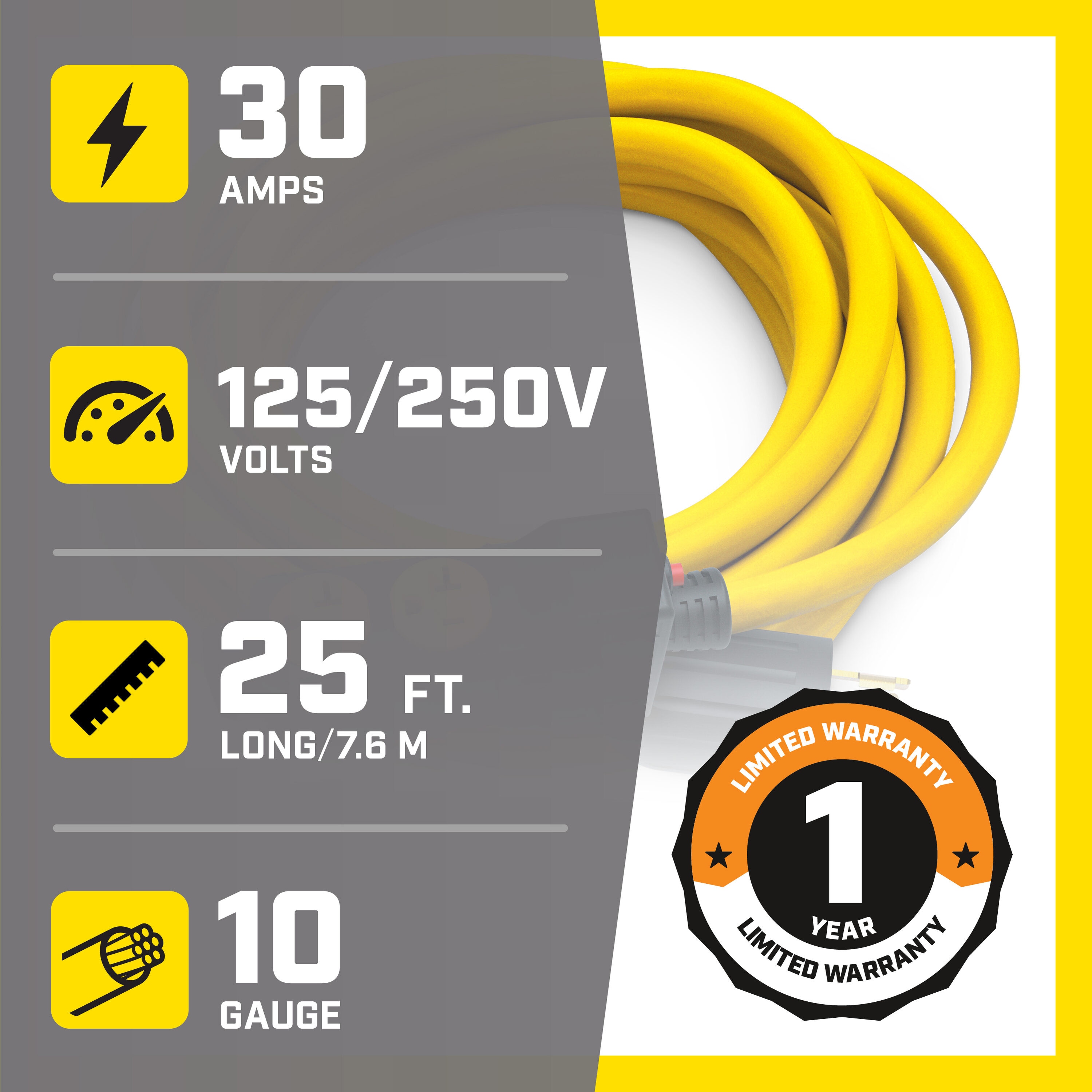 CHAMPION 30 Amp Locking, 20 Amp Household, 25 Ft Generator Cord