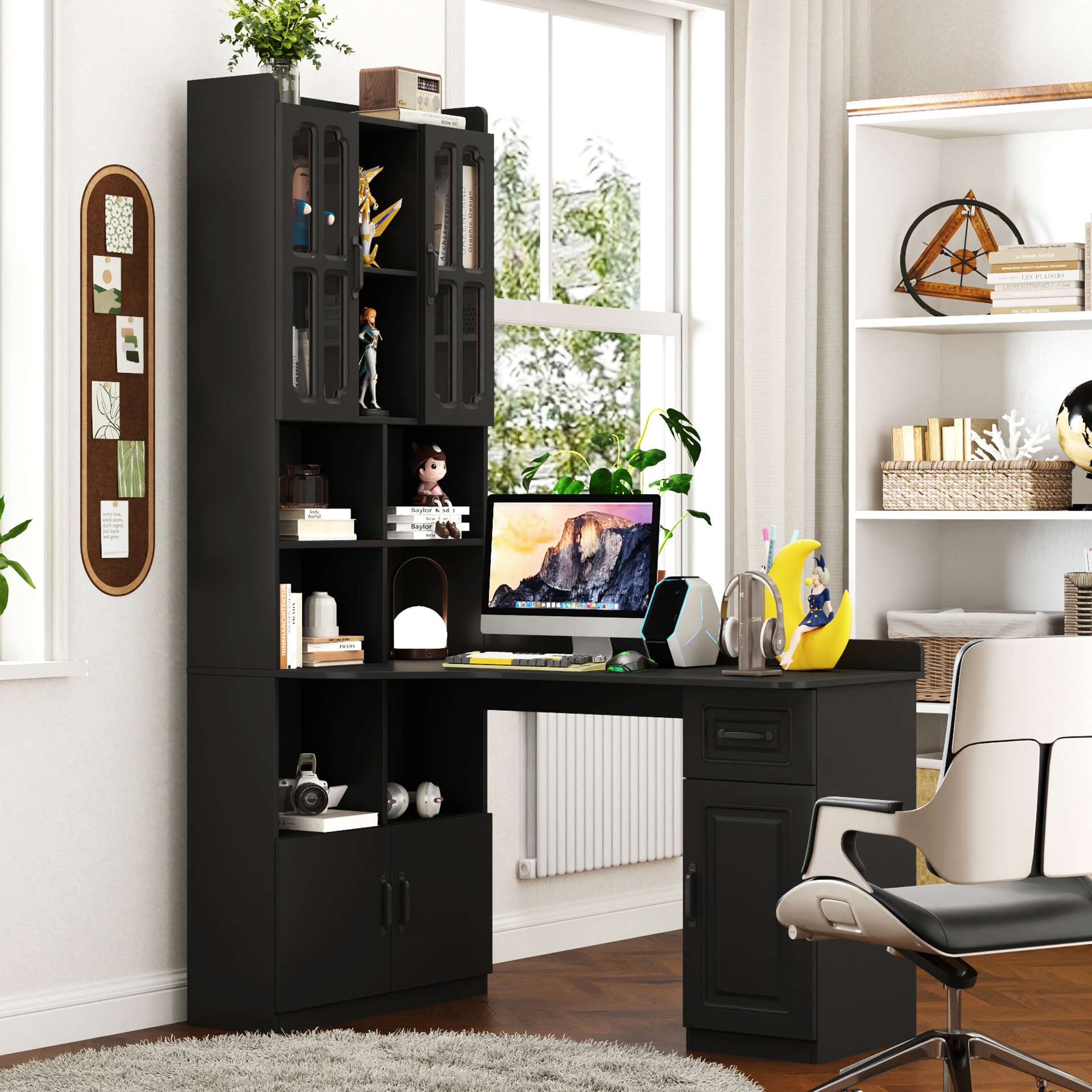 LOVMOR SF-Y-W331S00170 L Shaped Corner Computer Desk  for Home Office or Study desk Study Modern Style Table with Drawers Bookshelf and Hutch 2 in 1 L Shaped Design Large Working Spaceblack
