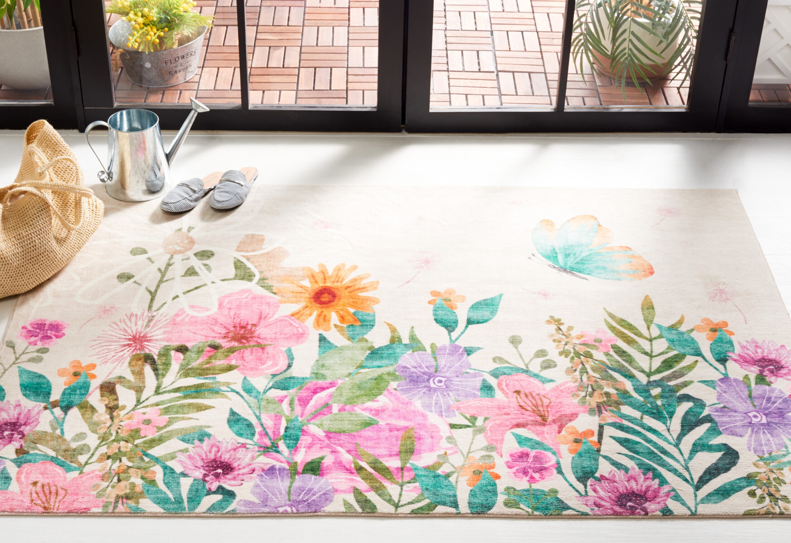 Door And Kitchen Mat 338A Ivory/Pink 4ft x 6ft Country Floral Rug
