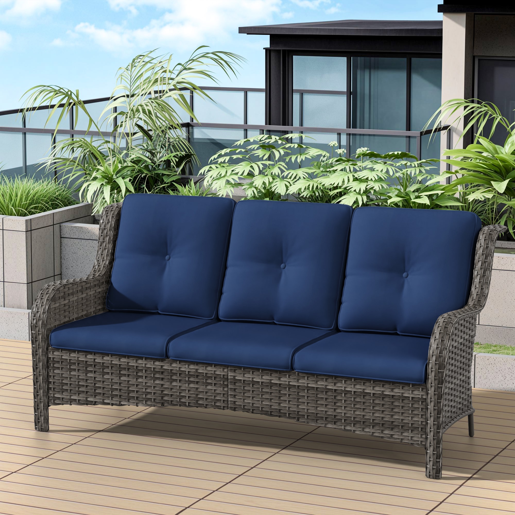Gardenbee HGL-M75-BLU Wicker Furniture Wicker Outdoor Sofa with Blue Cushions and Steel Frame