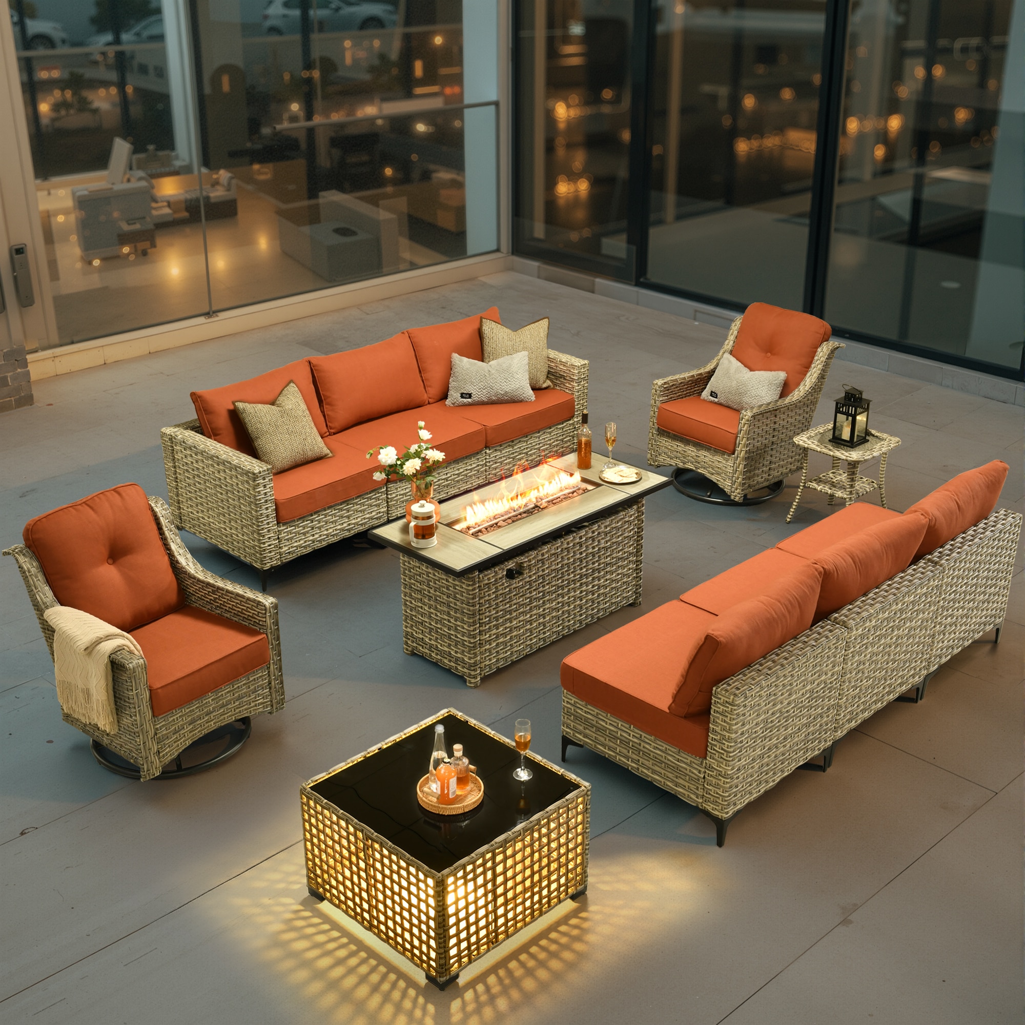 weaxty HMBCFP8503-PYZDSC811 Lotus Wicker Outdoor Sectional with Orange Cushions and Steel Frame