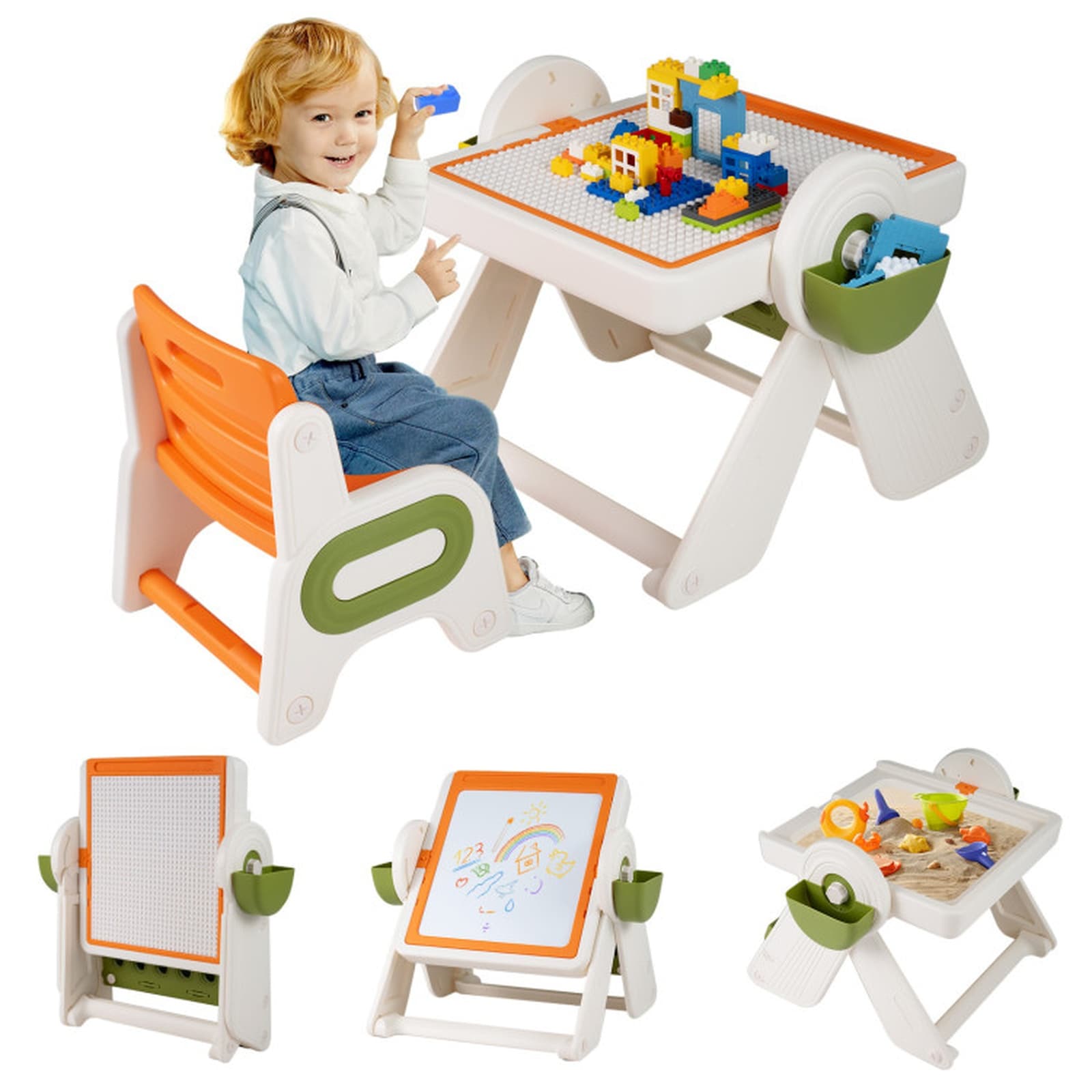 SUGIFT 6-in-1 Multi-Activity Magnetic Whiteboard Grooved Top Sand And Water Kids Table And Chair Set Folding Art Easel Set #LW018SUGHY1478