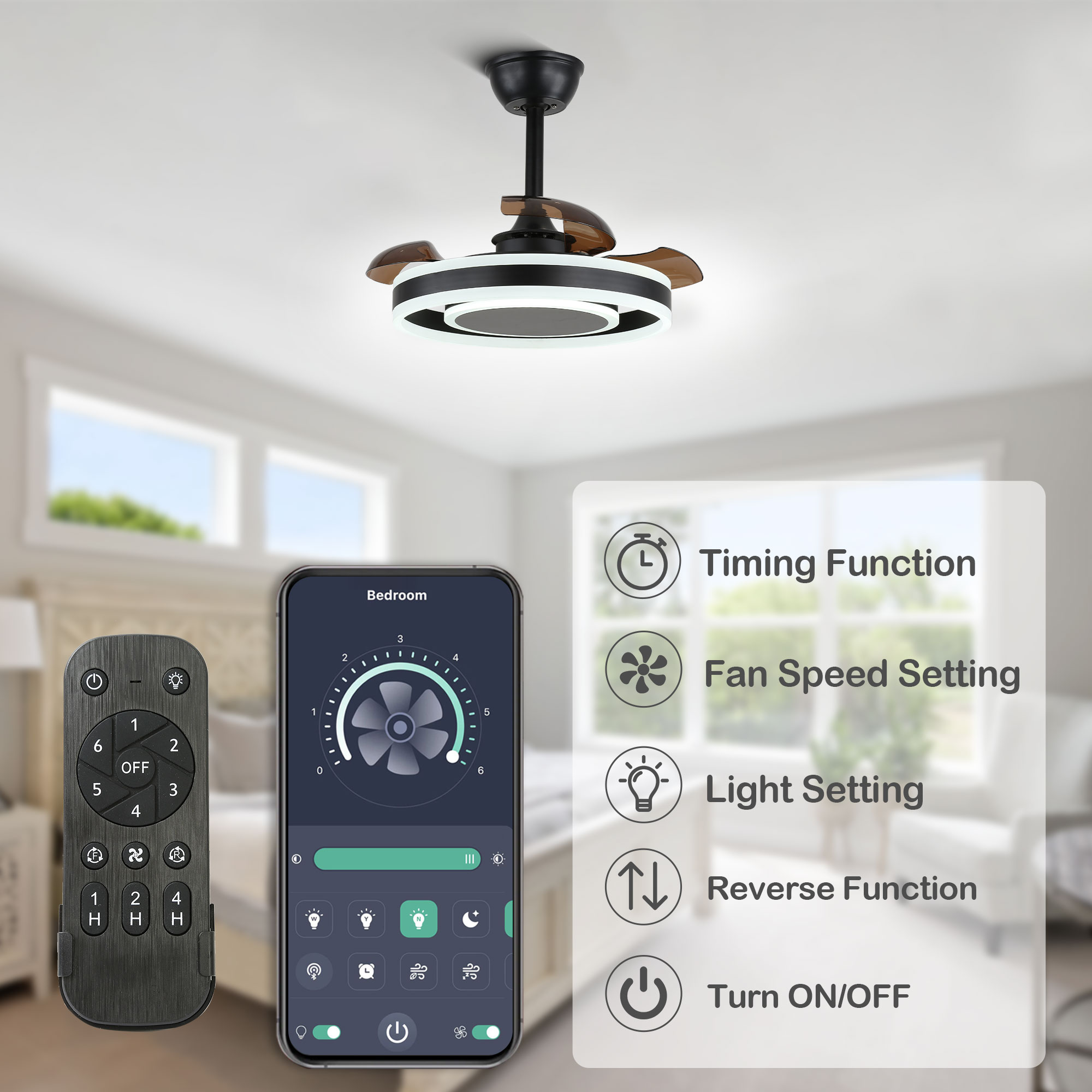 22-Inch Black Modern Ceiling Fan with Clear Blades and LED Light