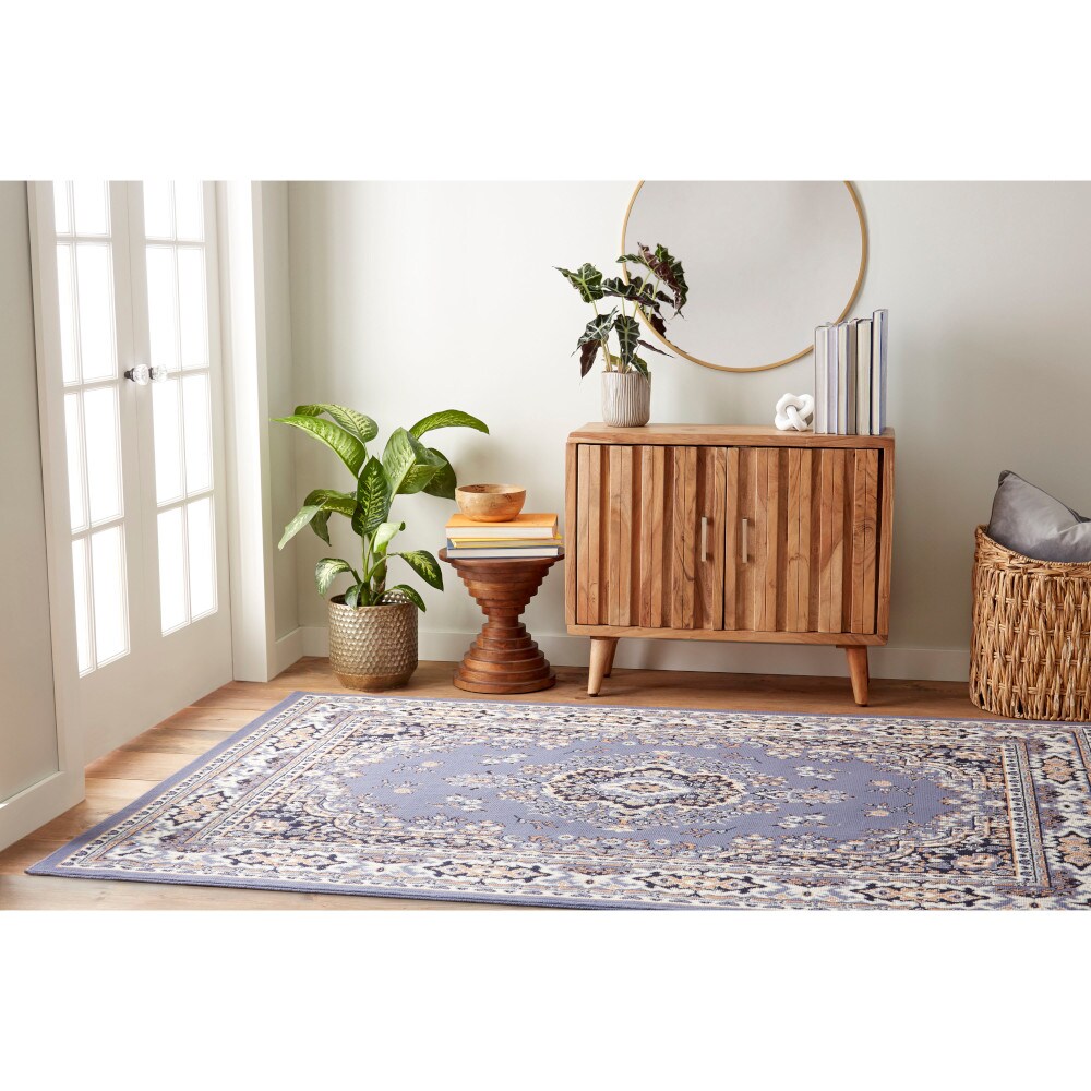 Blue Modern Bordered Non-Skid/Non-Slip Low Profile Pile Rubber Backing Area  Rugs