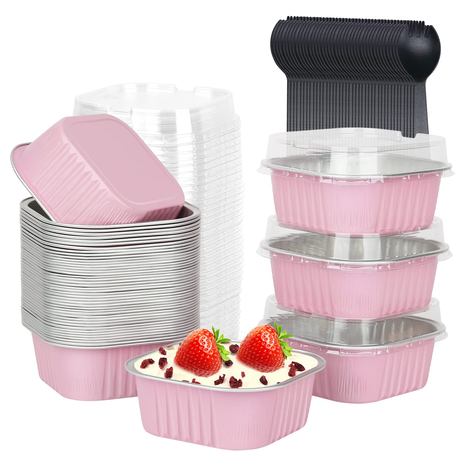 DHMHD  5oz Square Cupcake Pan with Lids 40 Pack Aluminum Foil Mini Cake Brownie Baking Pans Jumbo Cupcake Liners Muffin Tin Pink