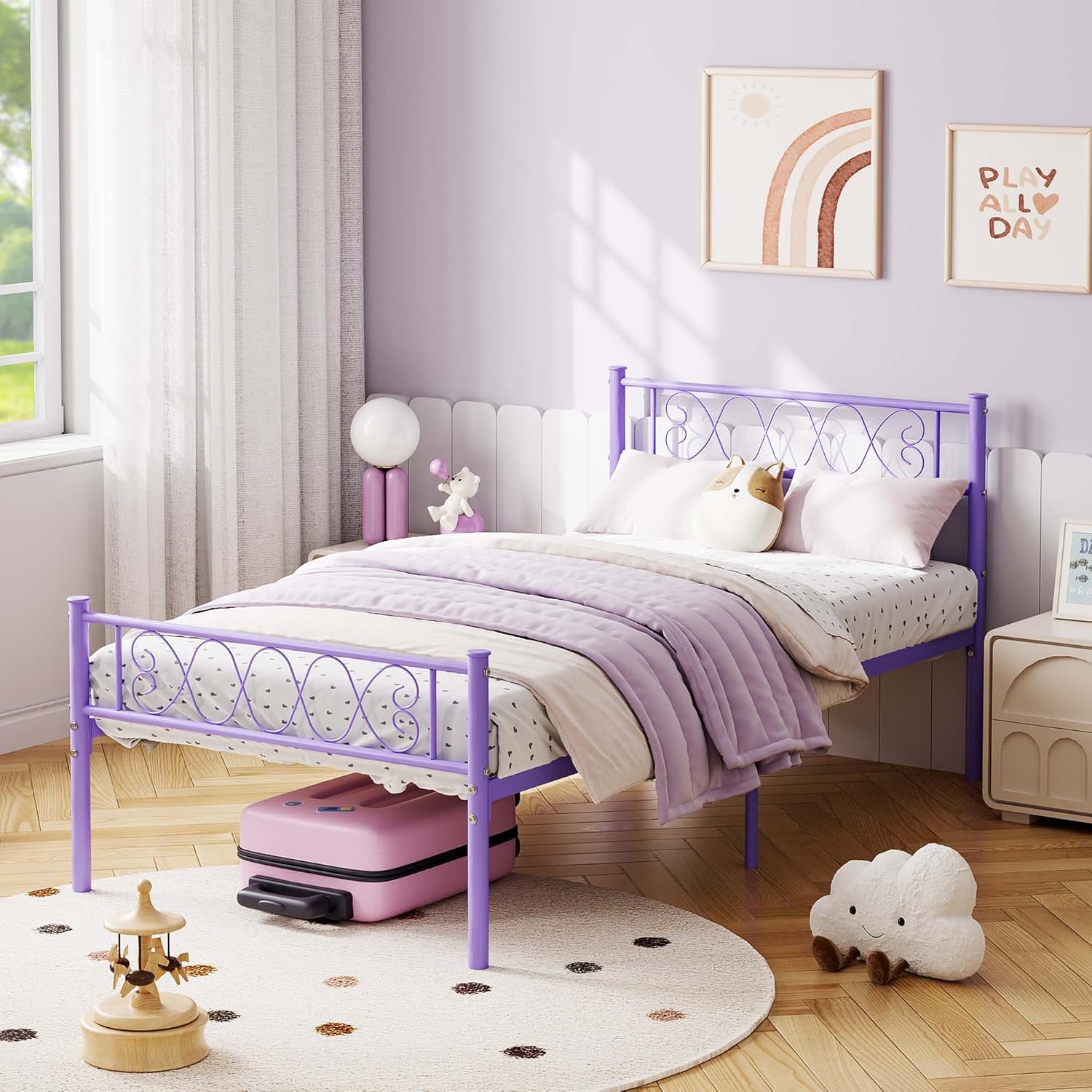 Qeetex LHF-BED-PHO-0Z6JCHWF Metal Twin Bed Frame Metal Platform Bed Frame with Headboard and Footboard Classic Bed Frame with Iron-Art Sweet Heart for Girls and Boys No Box Spring Needed Noise-Free Purple