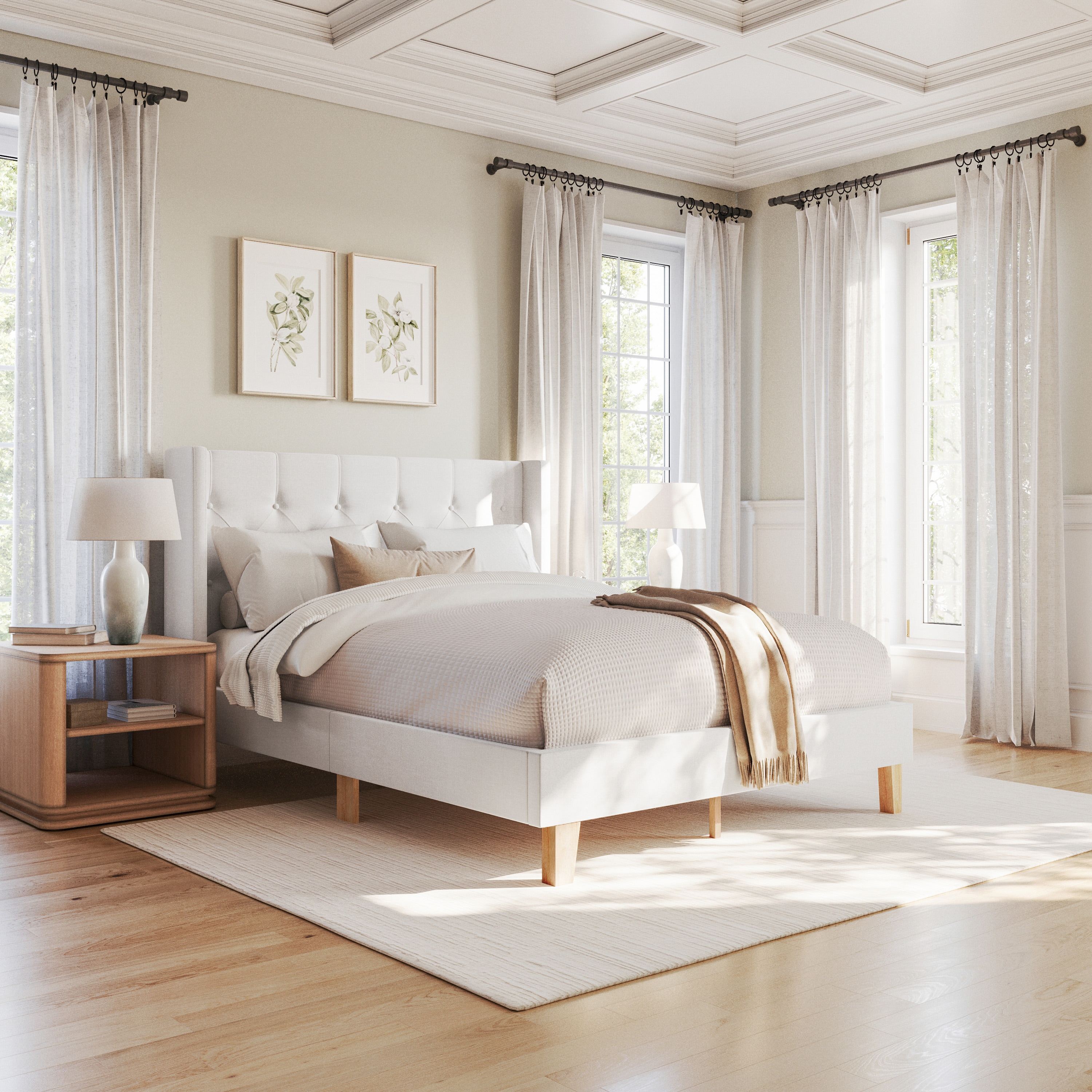 ACME FURNITURE Gorsedd Fabric and Antique White Queen Wood Panel