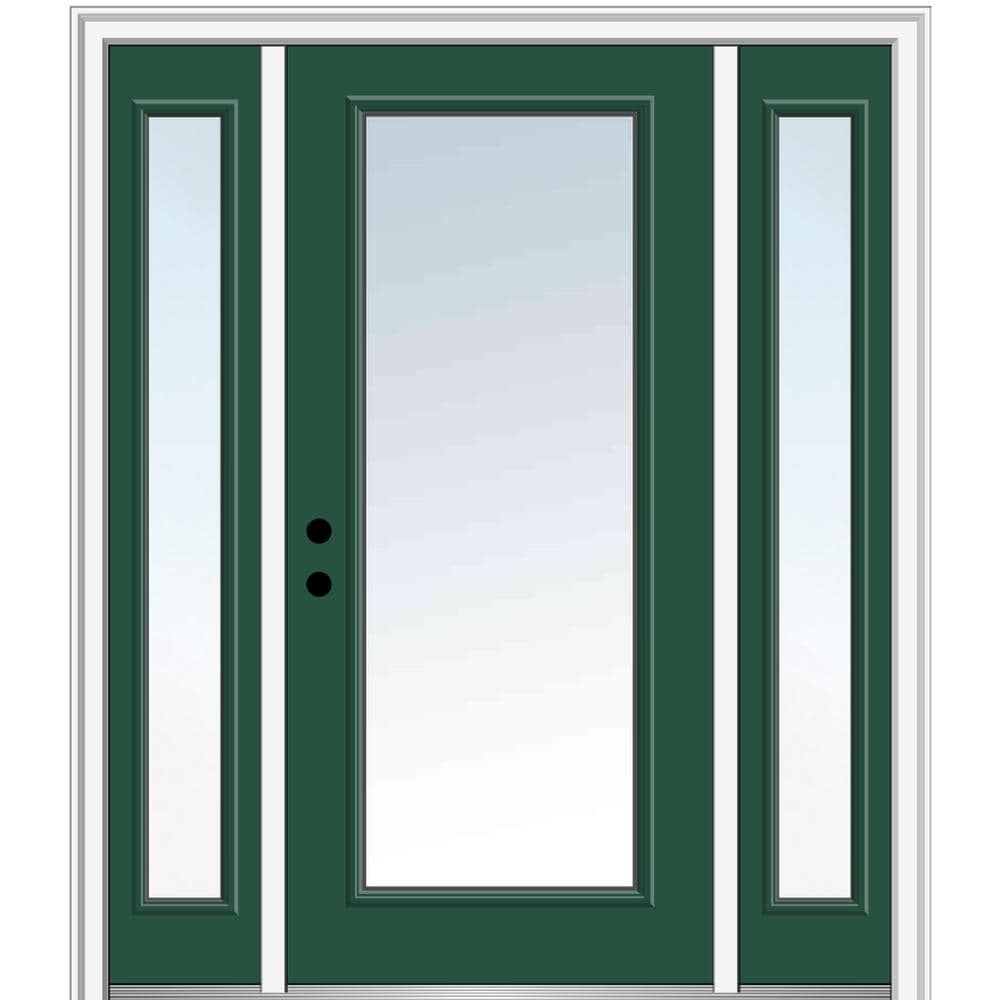 MMI DOOR ZZ04848R 60-in x 80-in x 4-9/16-in Fiberglass Full lite Right-hand inswing Hunter Green Painted Prehung Front Door with Sidelights with Brickmould Insulating core