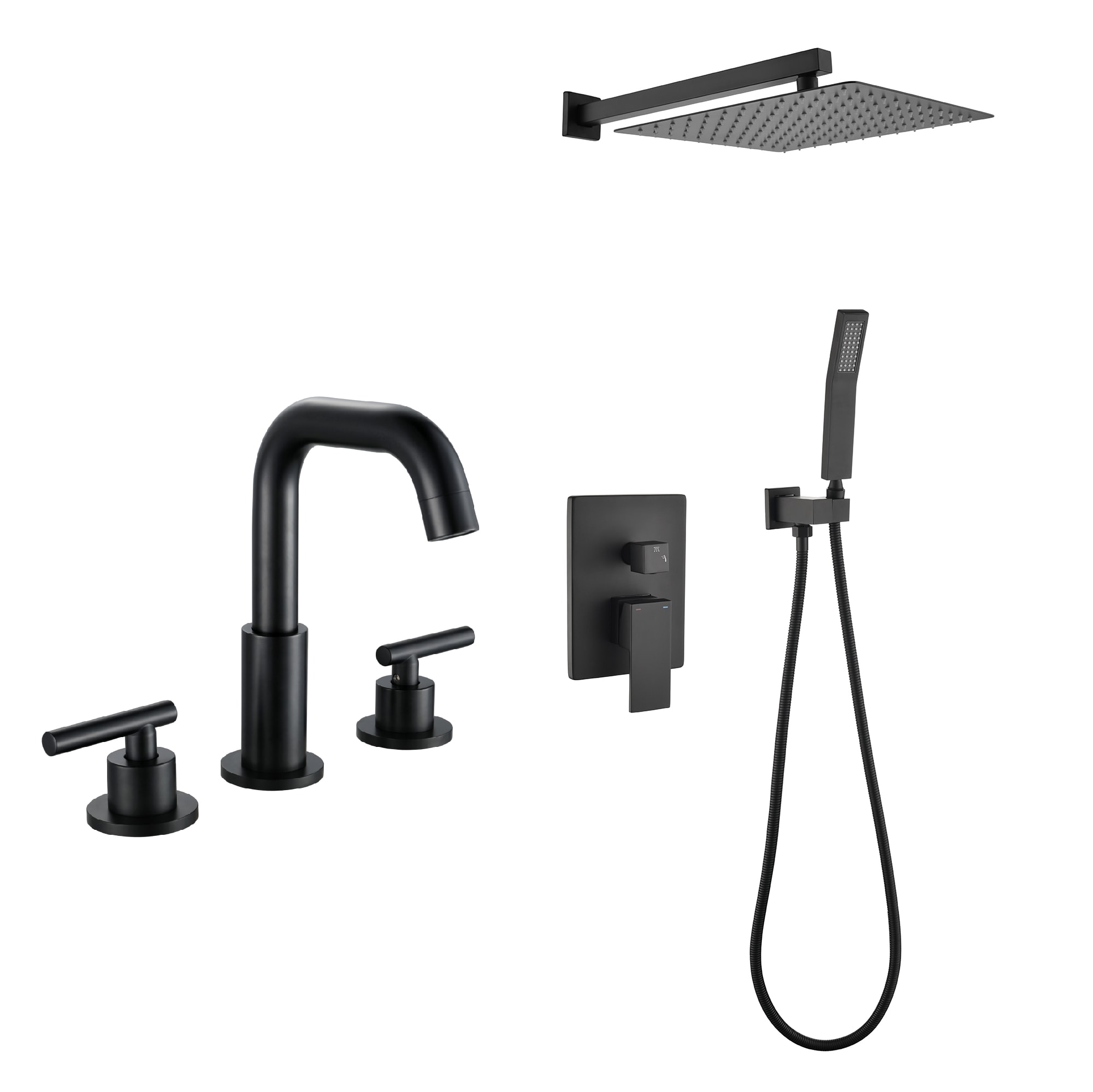 WELLFOR CR-P-12-2W02BN ZC Shower System with Bathroom Faucet kits Matte Black 12-Inches Waterfall Dual Head Built-In Shower Faucet System with 2-way Diverter ( Pressure-balanced Valve Included )