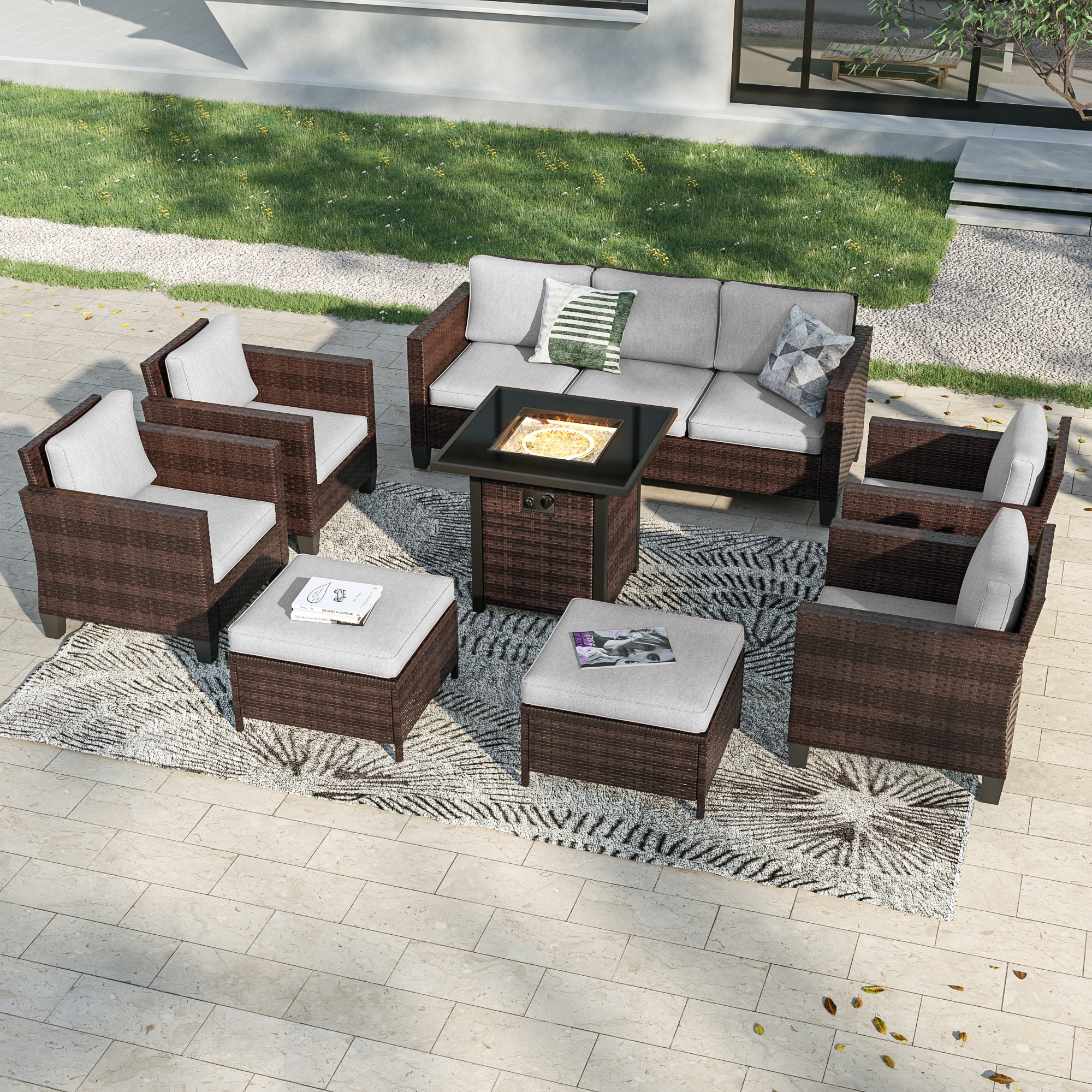 Sonkuki SD-PS-115BLY-S2T4 Patio Conversation Set 8 -Piece Wicker Patio Sofa Conversation Set with Gray Cushions