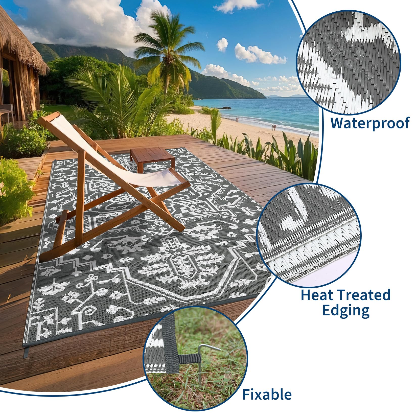 IdealHouse 9x12 Outdoor Rug Modern Striped Reversible Plastic Straw ...