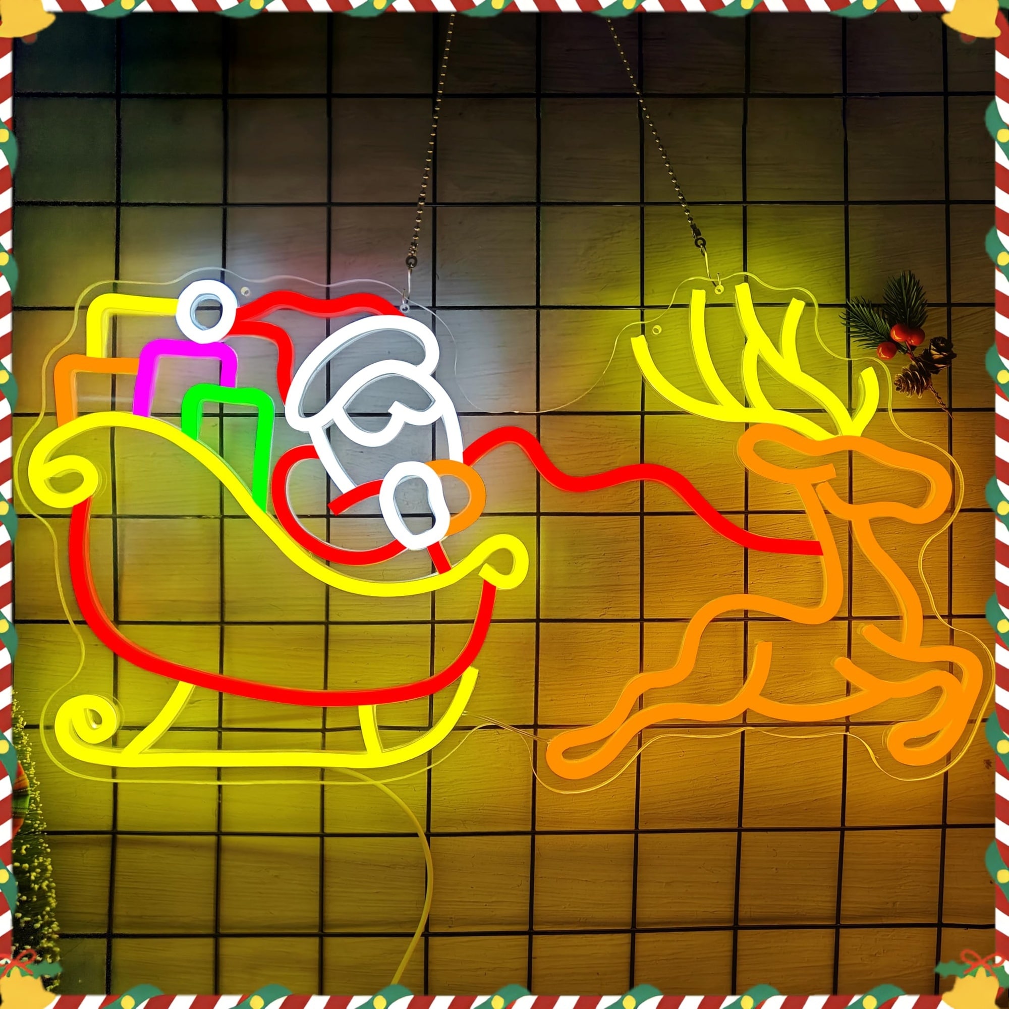 AOIZGMY  Large Santa Sleigh and Reindeer Neon Sign Dimmable LED Christmas Wall Light for Indoor Xmas Decorations USB Powered Acrylic Panel