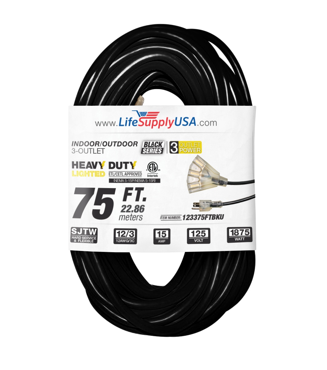 LifeSupplyUSA 200ft Outdoor/Indoor 12-Gauge Extension Cord, SJTW
