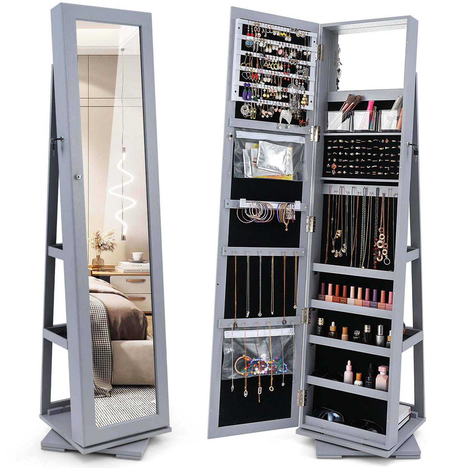 Costway HCST06166 360° Rotatable Jewelry Cabinet Armoire 2-in-1 Lockable Mirrored Gray