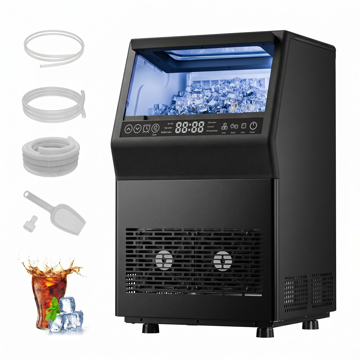 IUDommy CIMKZB-36B 14.17 in. 80-lb/Day Freestanding/UnderCounter Commercial Ice Maker in. Black Stainless Steel with Dual Water Supply Options/Self-cleaning/24H Timer