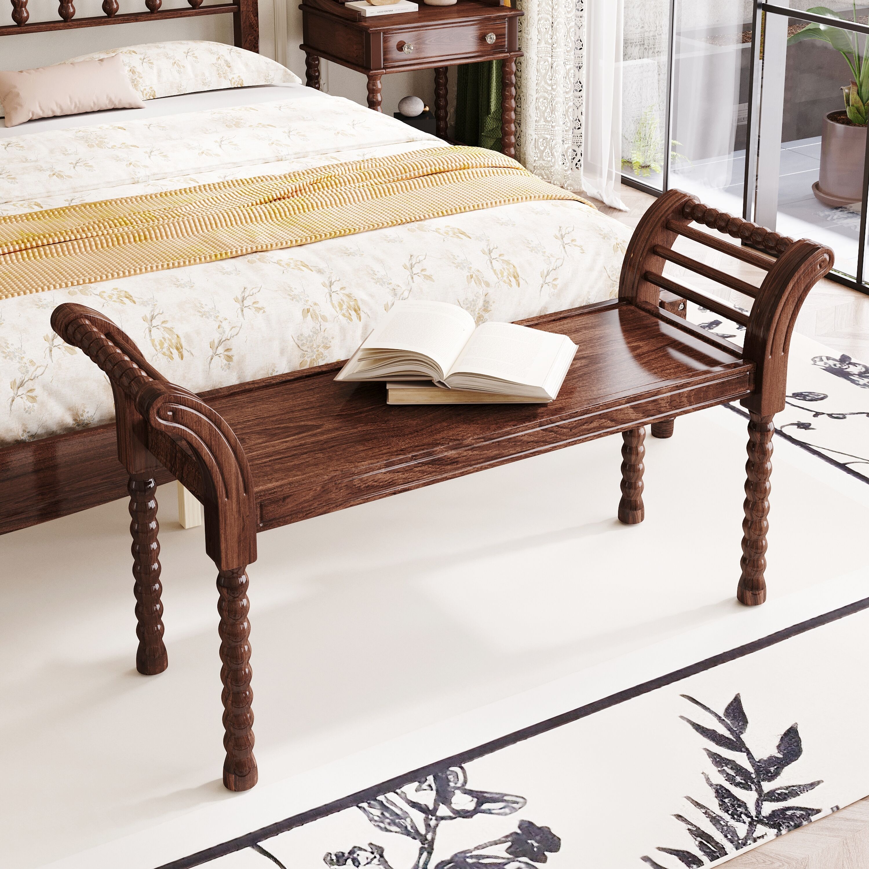 ModernLuxe N733P206243D Elegant Retro Style Bench with Turned LegsBed End Bench for Bedroom or Living Room DecorWalnut
