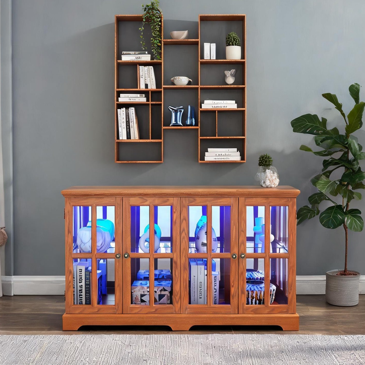 Naturefalls Dark Oak Four-Door Curio Cabinet with Glass Shelves and RGB LED Lighting 59.06 W