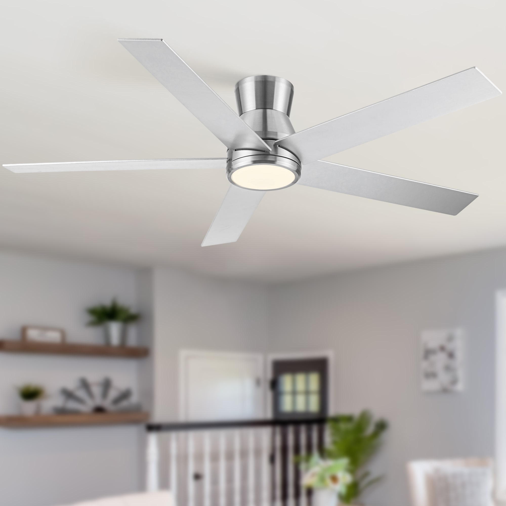 BABOOM BOM-7P270468-OR 52" Brushed Nickel Lowe Profile Ceiling Fan with Light 52 Color-Changing Integrated LED Flush Mount Brushed Nickel with Wood Blades Ceiling Fan With Light - Remote Included ( 5 -Blade )
