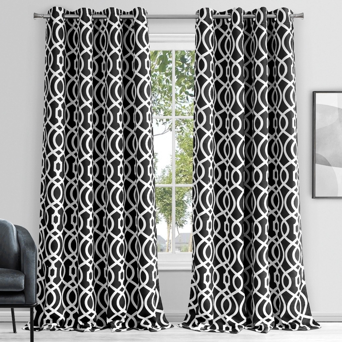 HomeRoots 4000473330 84-Inches Black Geometric Semi-sheer Standard lined Grommet Single curtain panel