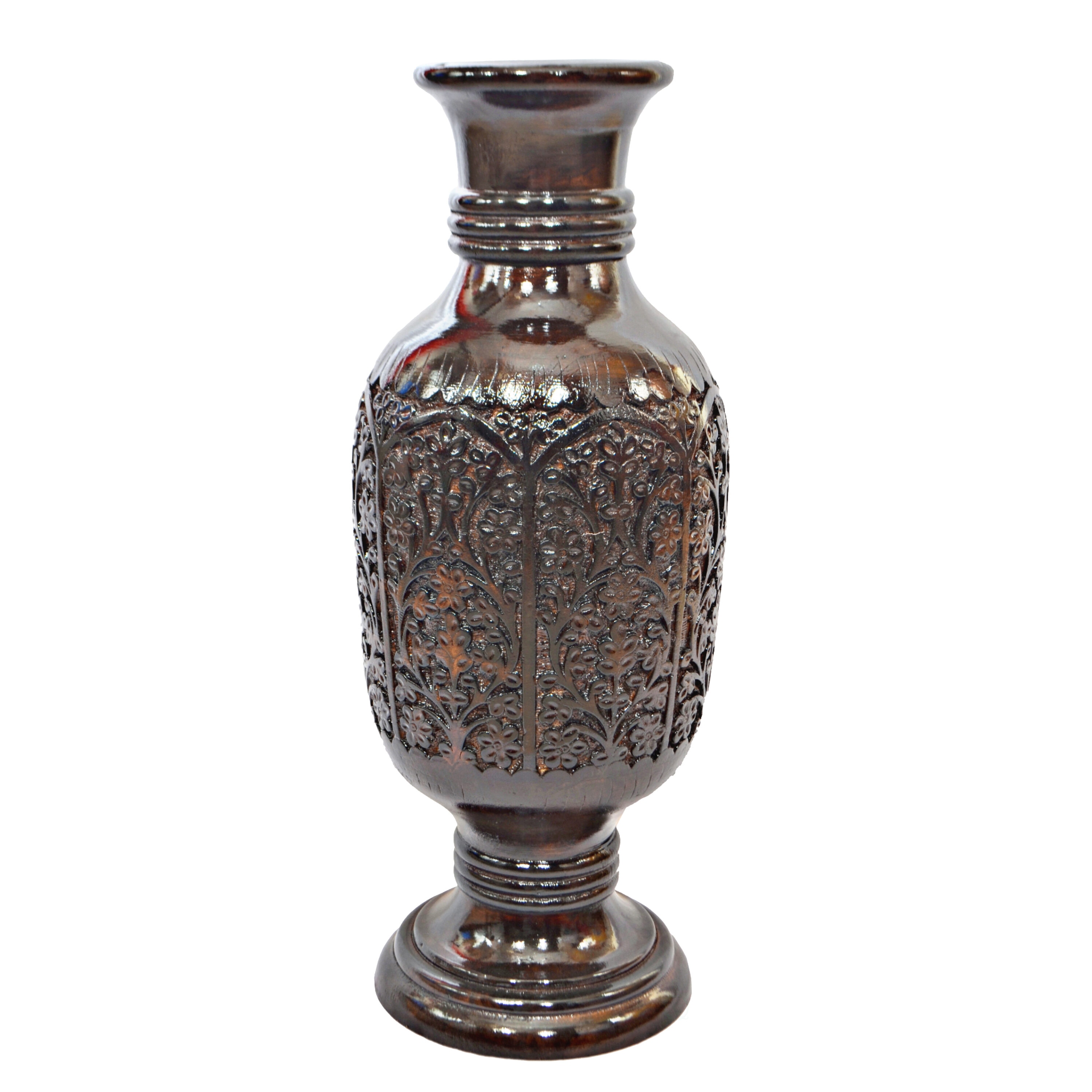 24" Brown Mango Wood Fluted Decorative Floor Vase