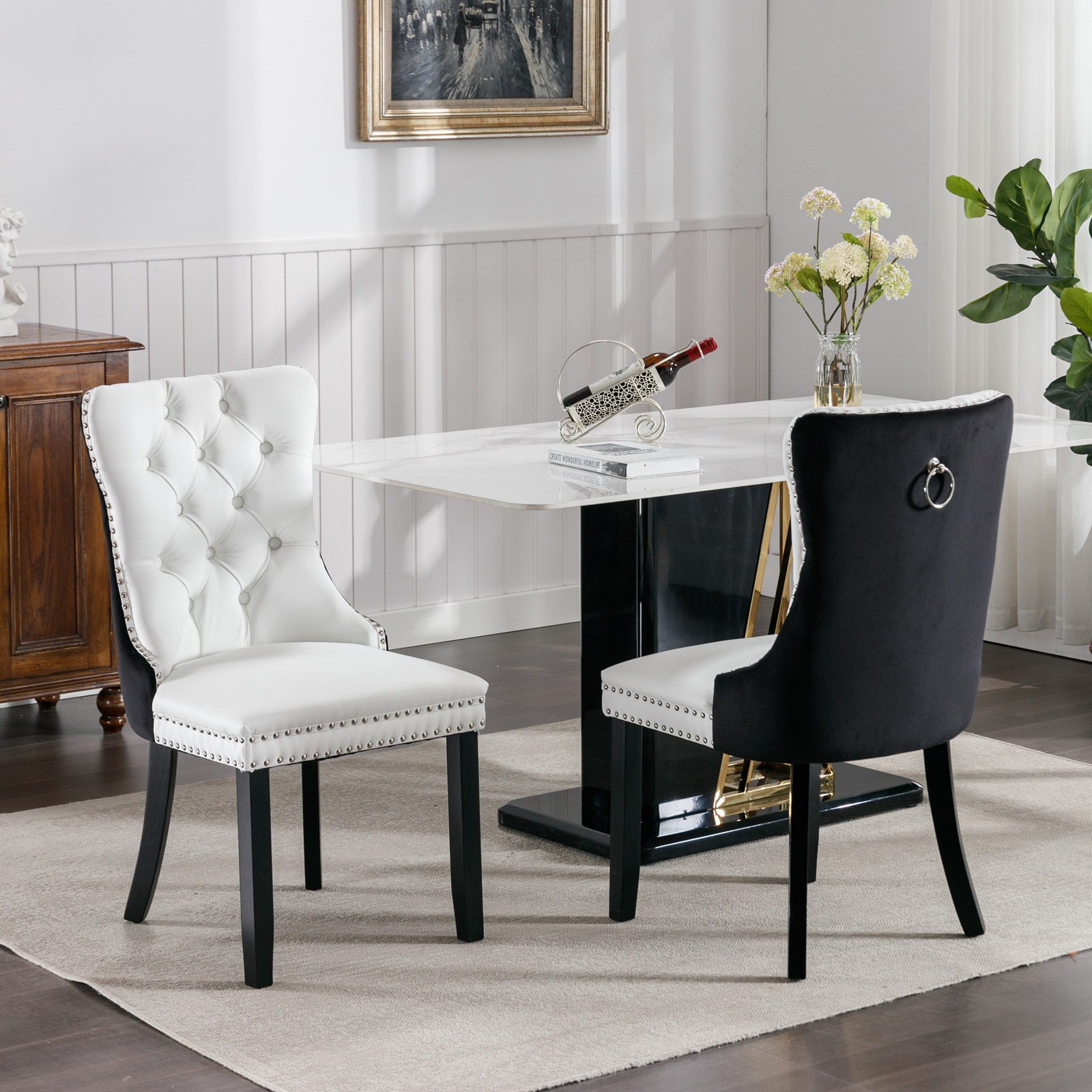 LOVMOR SF-M-W114390195 AandA  Modern Highend Tufted Solid Wood Contemporary PU and Velvet Upholstered Dining Chair with Wood Legs Nailhead Trim 2 Pcs Set WhiteBlack