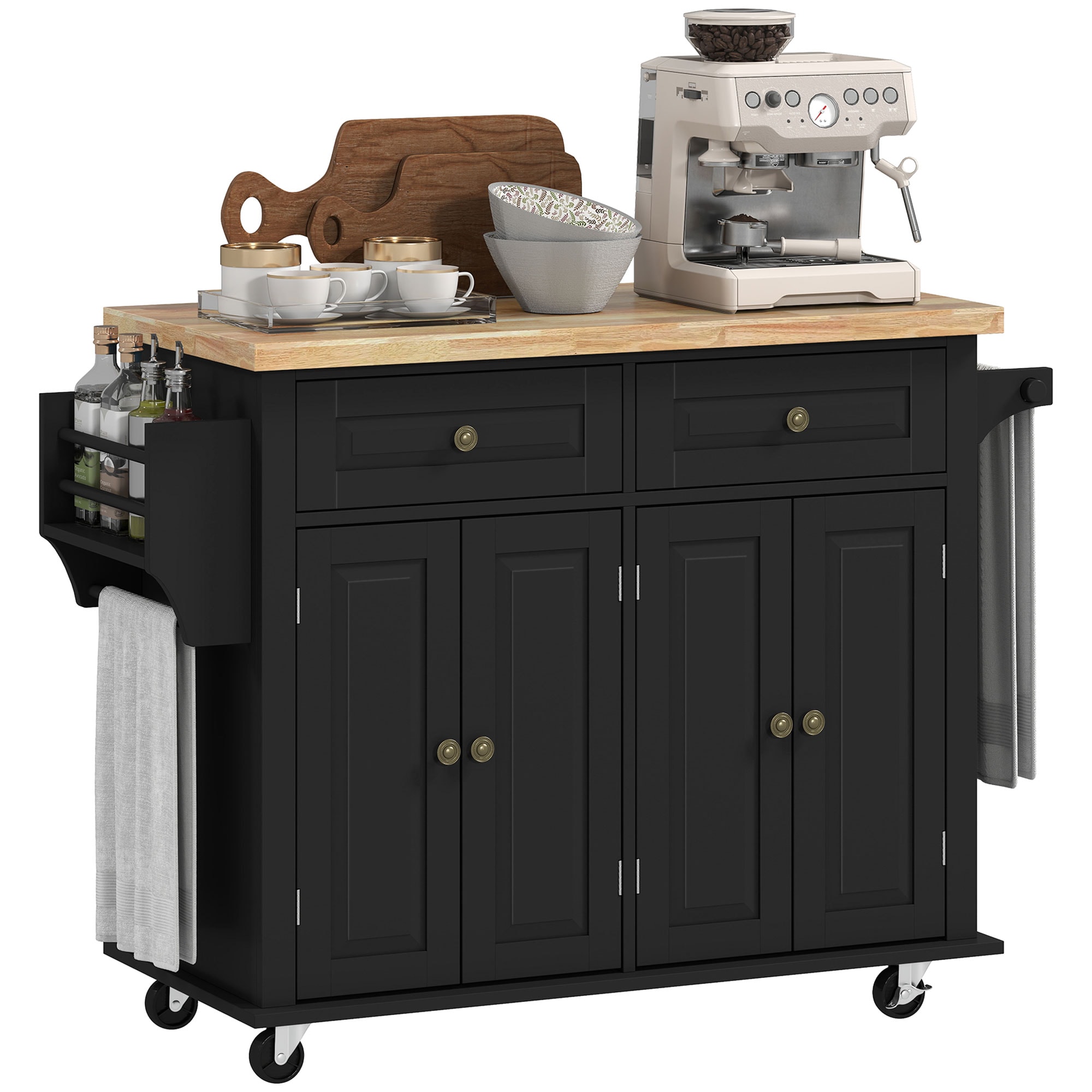 HomCom 801-161BK Kitchen Island on Wheels  Rolling Cart with Rubber Wood Top  Spice Rack  Towel Rack and Drawers for Dining Room  Black
