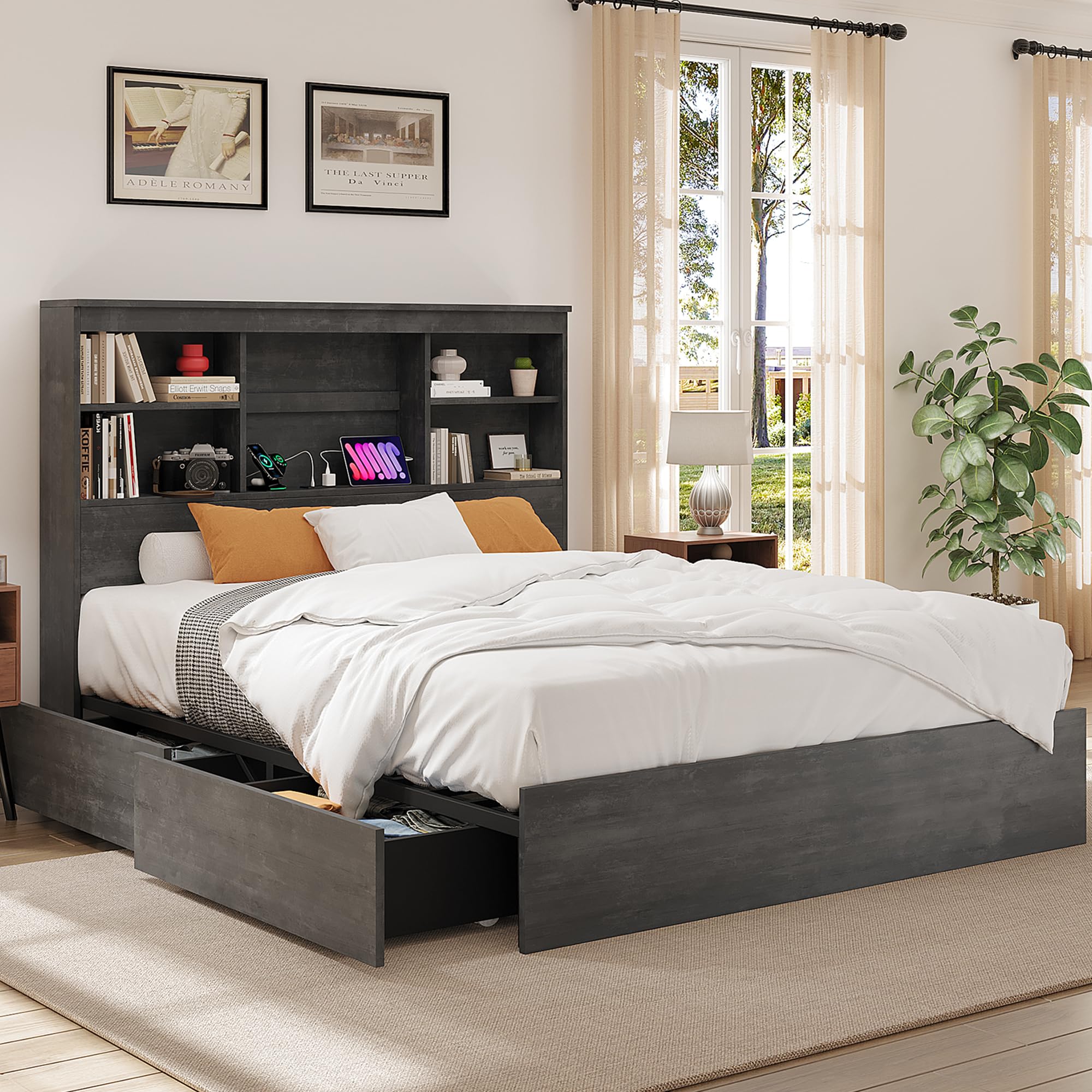 IdealHouse - Dark Gray Queen Size Farmhouse Wood Metal Platform Bed Storage Headboard 4 Drawers B...