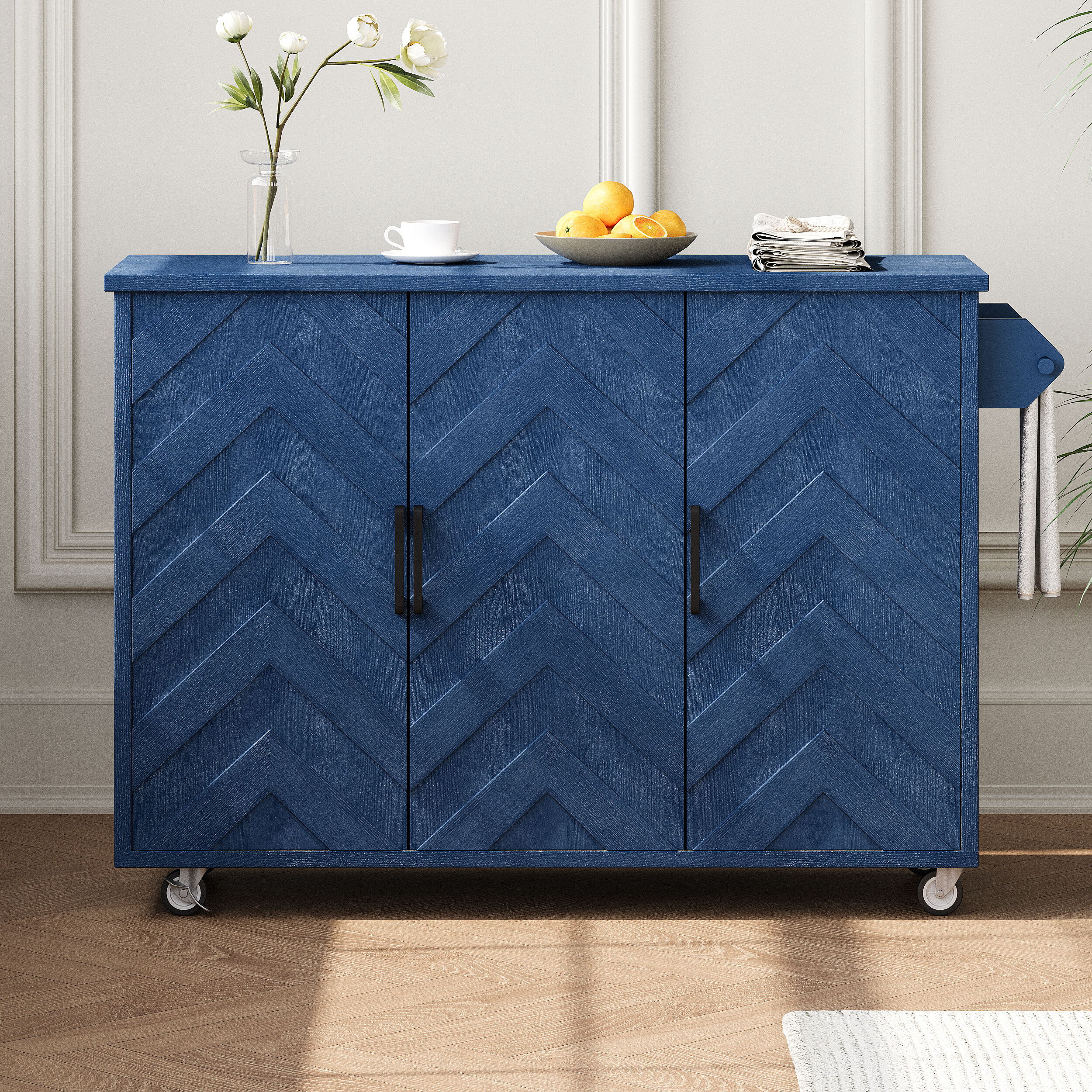 Runesay KI-112 Blue MDF Base with MDF Wood Top Rolling Kitchen Island ( 29.5-in x 51.2-in x 36.2-in )