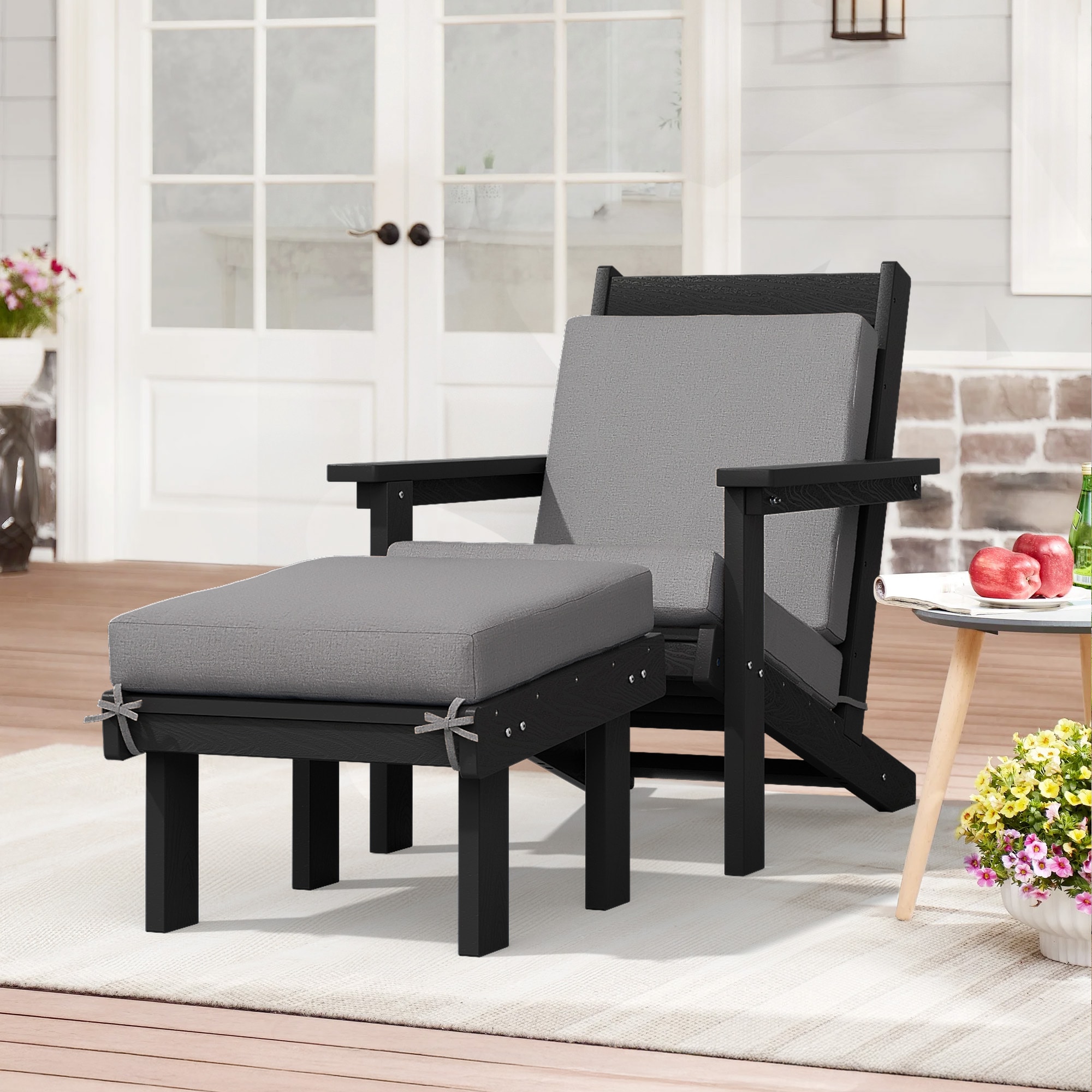 VOUA QWYDJ-BK Poly Black HDPE Frame Stationary Adirondack Chair with Gray Solid Seat