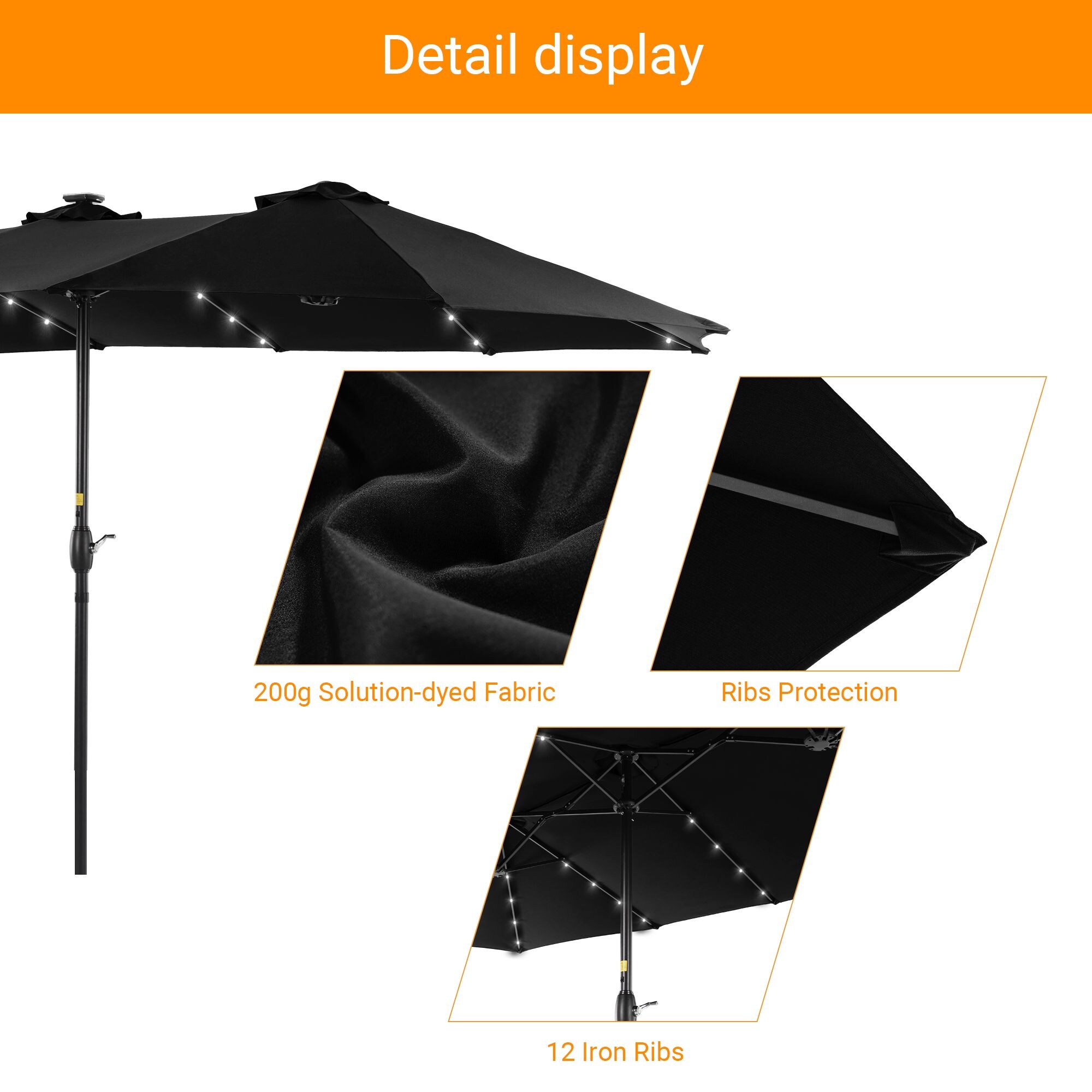 Sonkuki 15ft Aluminum Oval Notilt Market Patio Umbrella with Lights