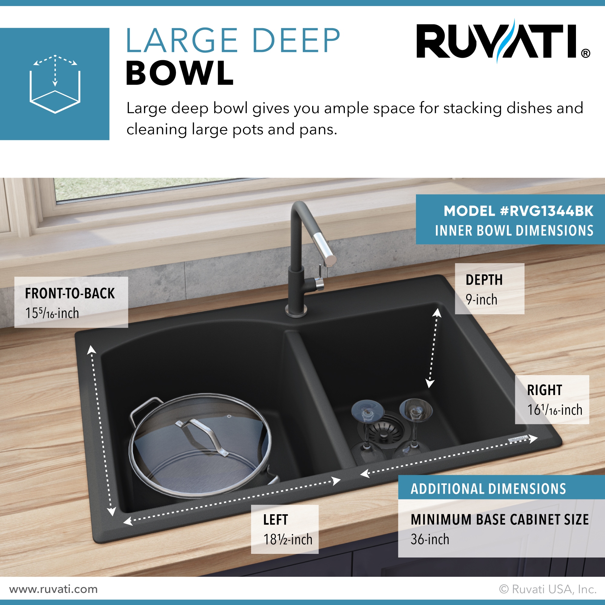 Midnight Black 33 x 22 Inch Granite Double Bowl Drop-In Sink