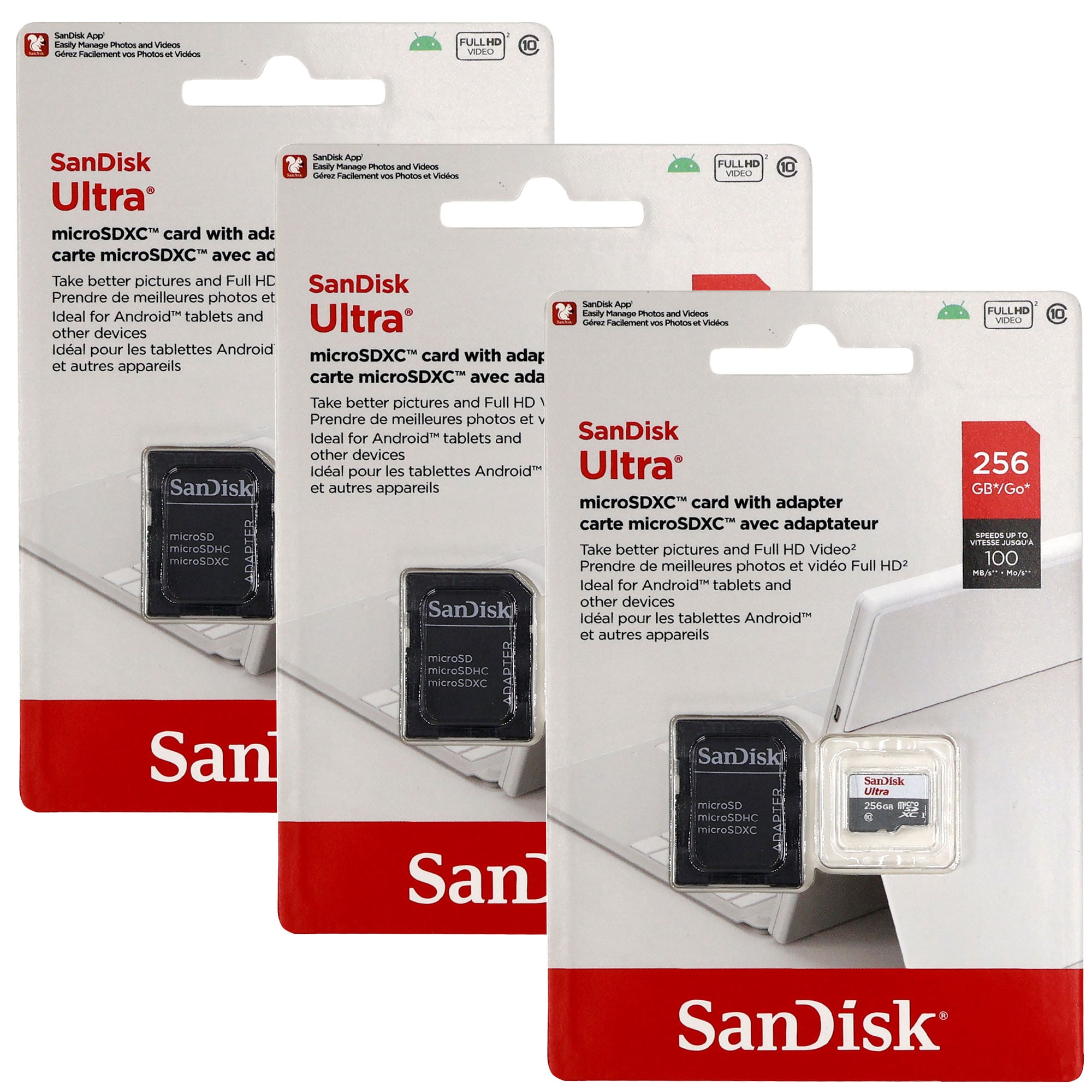 SanDisk 3x  Ultra 256GB 100MBs Class 10 Micro SDXC Memory Card Full HD Video with SD Adapter
