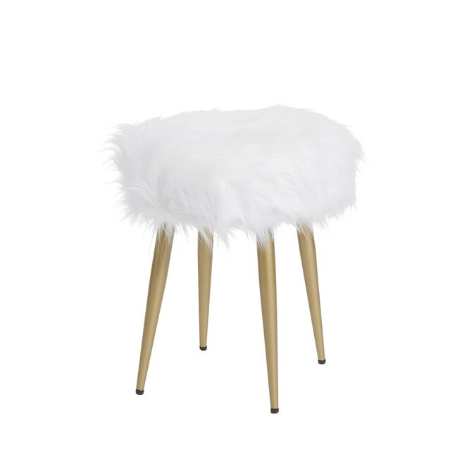 Gold Accent Round Makeup Vanity Stool, White Fluffy Stool For Vanity