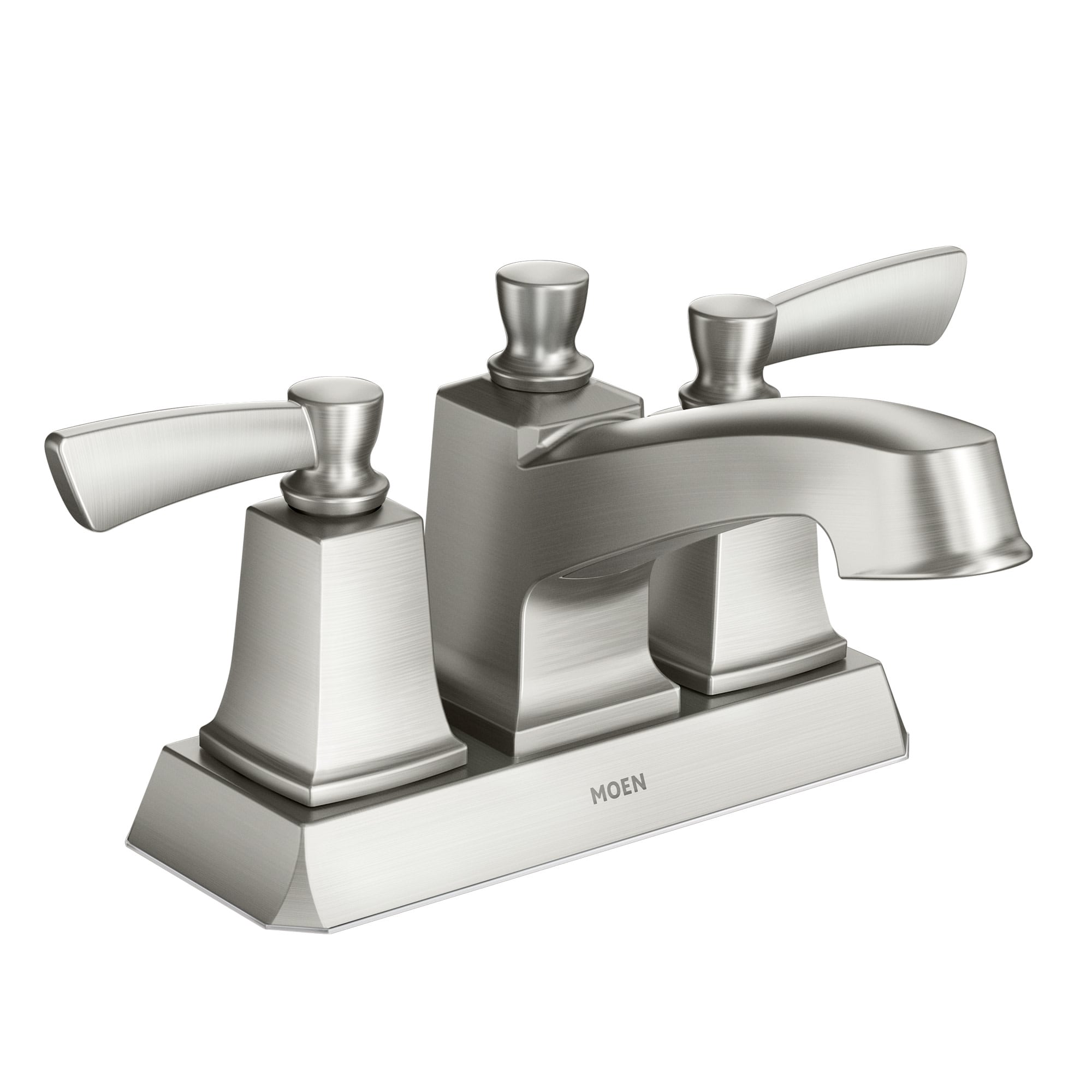 Moen WS84922SRN Conway Spot Resist Brushed Nickel 4-in centerset 2-handle WaterSense Low-arc Residential Handle Bathroom Sink Faucet with Drain