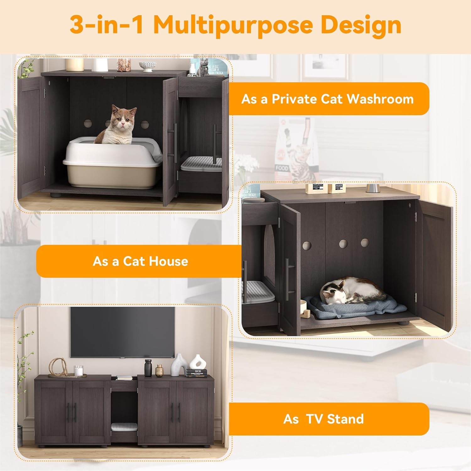 GAOMON Cat litter box cabinet for 2 cats 55 inch hidden enclosure with ...