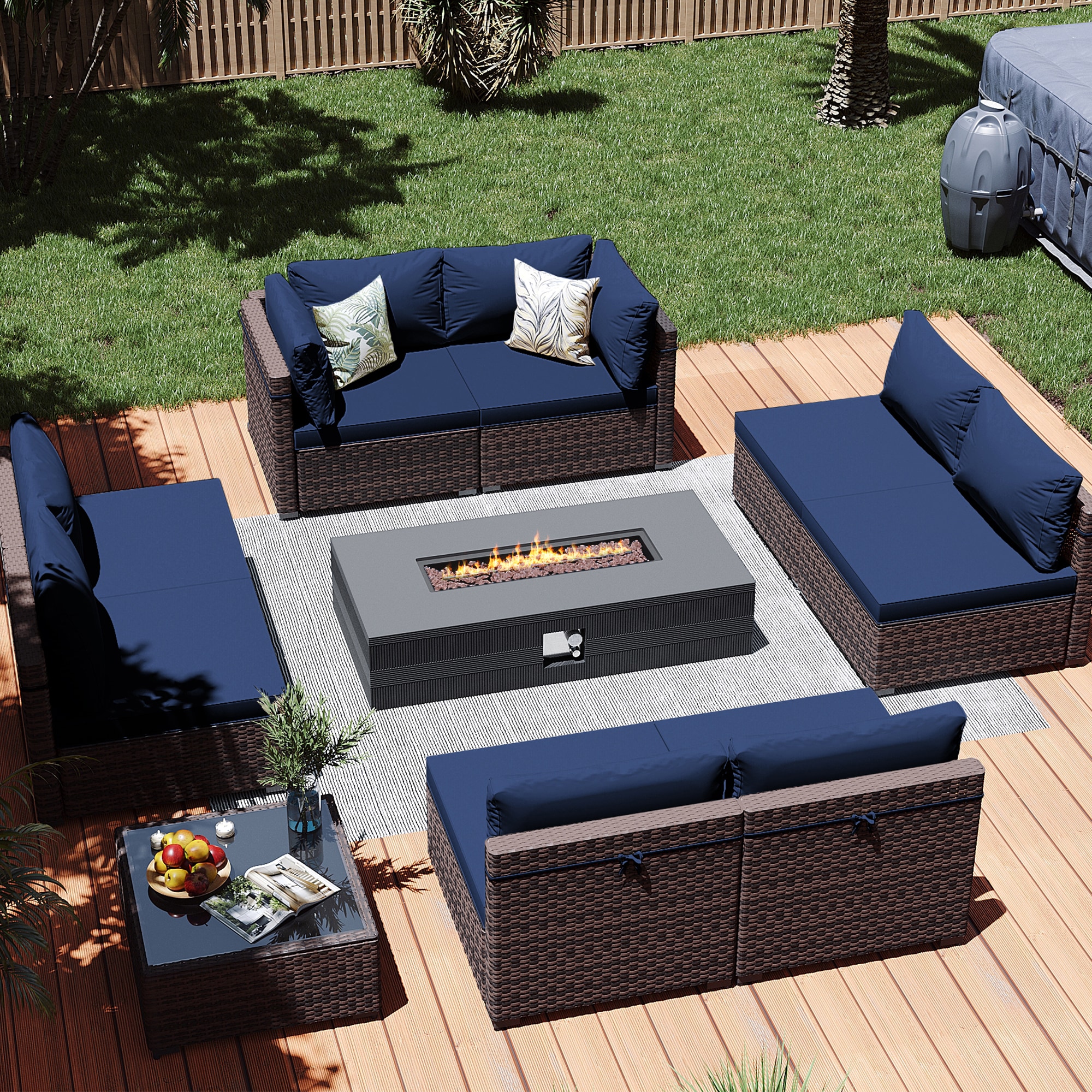 Patio Watcher LS-RT9-56MDK-B2 10 -Piece Rattan Patio Conversation Set with Blue Cushions