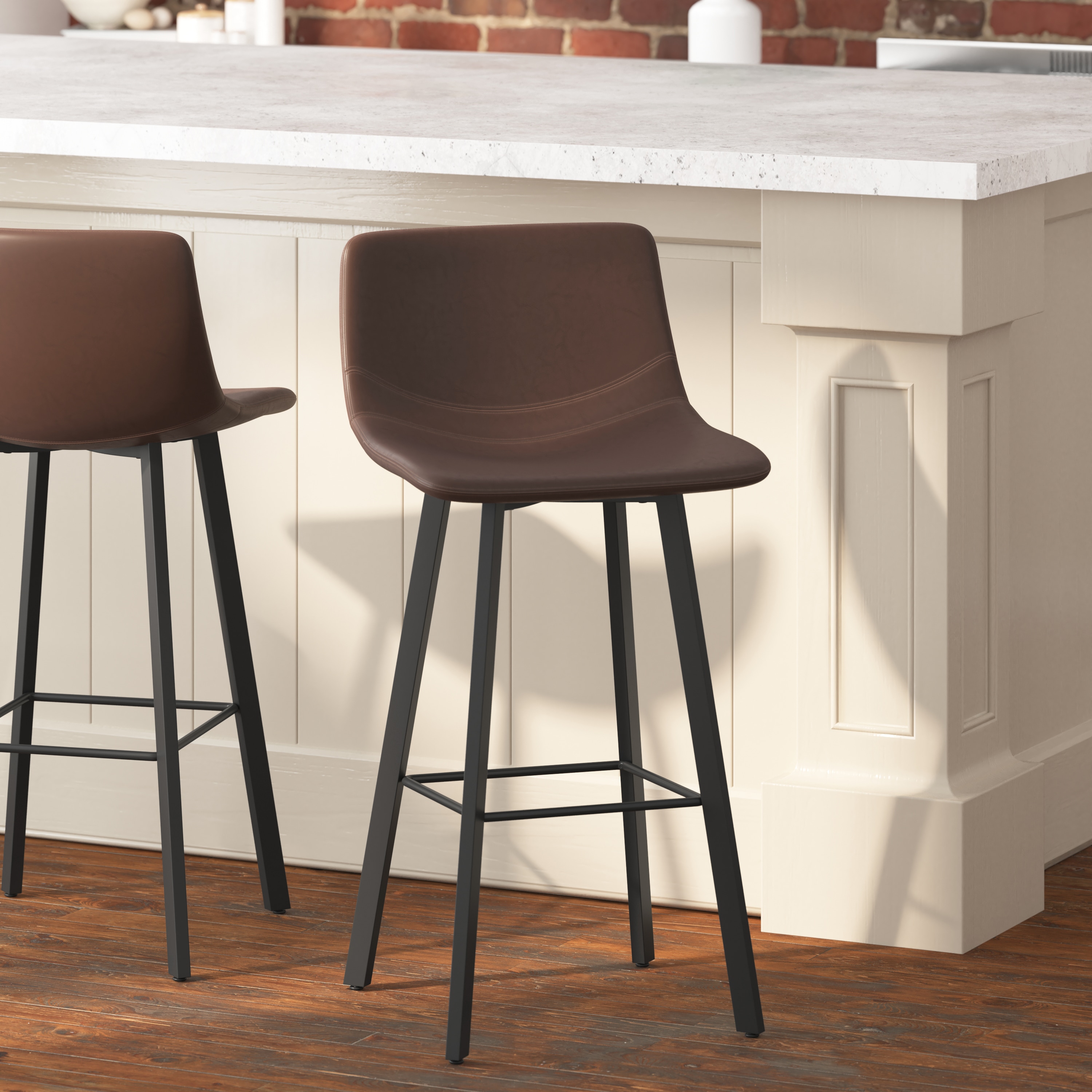 Chocolate Brown Faux Leather Counter Stools with Metal Frame, Set of 2